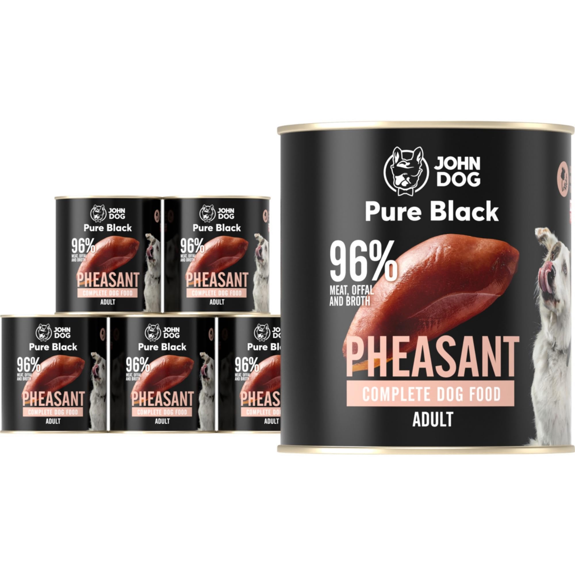JOHN DOG Pure Black Fasan Lot de 6 boîtes de 800 g de nourriture humide pour chiens adultes sans céréales avec 96 % de viande