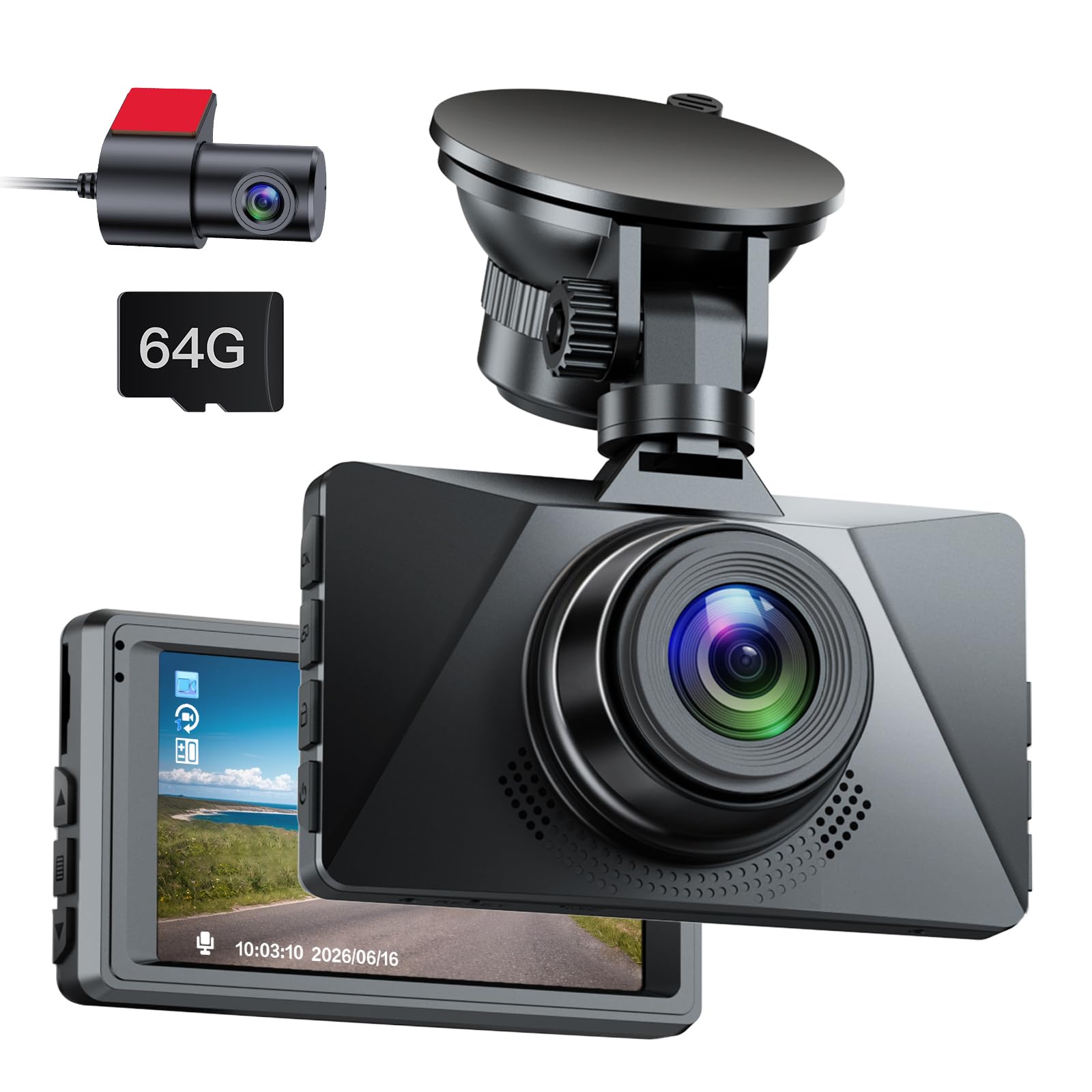 cámara de salpicadero Delantera y Trasera para Coche, Tarjeta de 64 GB incluida, cámara para Coche FHD 1080P, Gran Angular de 170°, HDR, grabadora de conducción, grabación en Bucle, visión