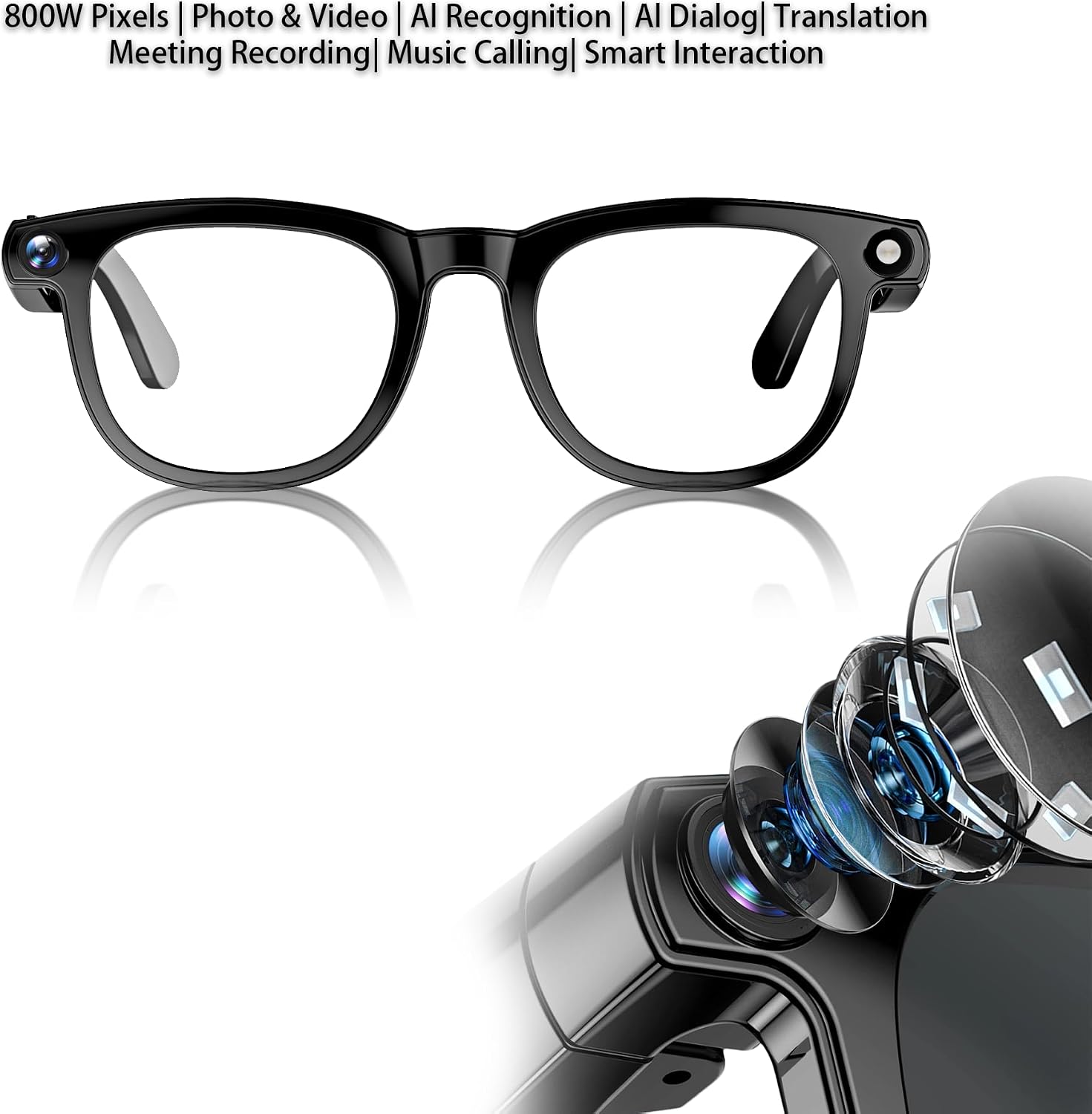 Crazypig HG013 AI Camera Glasses CY01 – 8MP HD Camera Smart Glasses with Real-Time 70+ Language Translation, IP54 Waterproof, 1+ Hour Video Recording for Business Travel & Outdoor Use