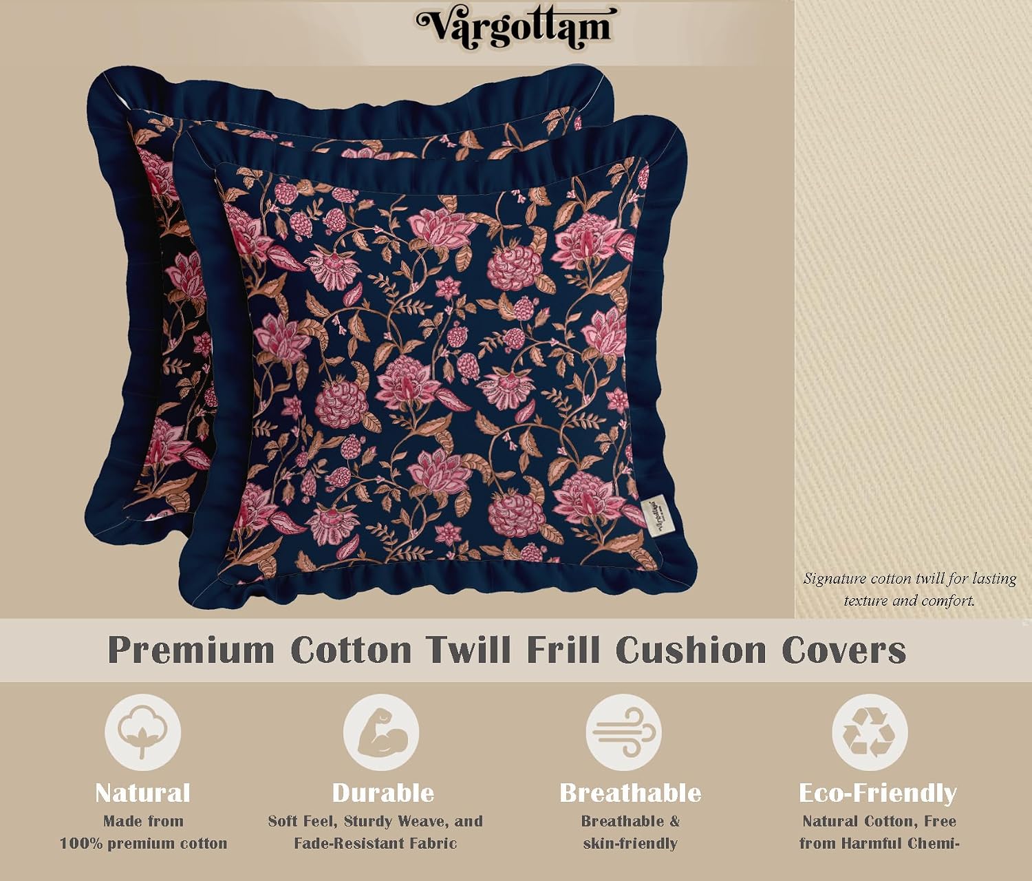 Premium Cotton Frill Cushion Covers Set of 2, 16x16 Inches, Double Printed, Floral Print, Durable Twill Fabric, Farmhouse Look, No Fillers