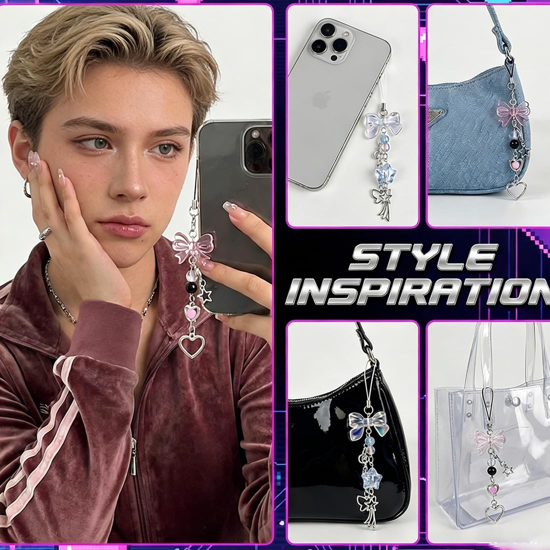 Lot de 2 Bijoux de Téléphone Y2K Esthétique Phone Charm Papillon Cœur Étoile pour Filles