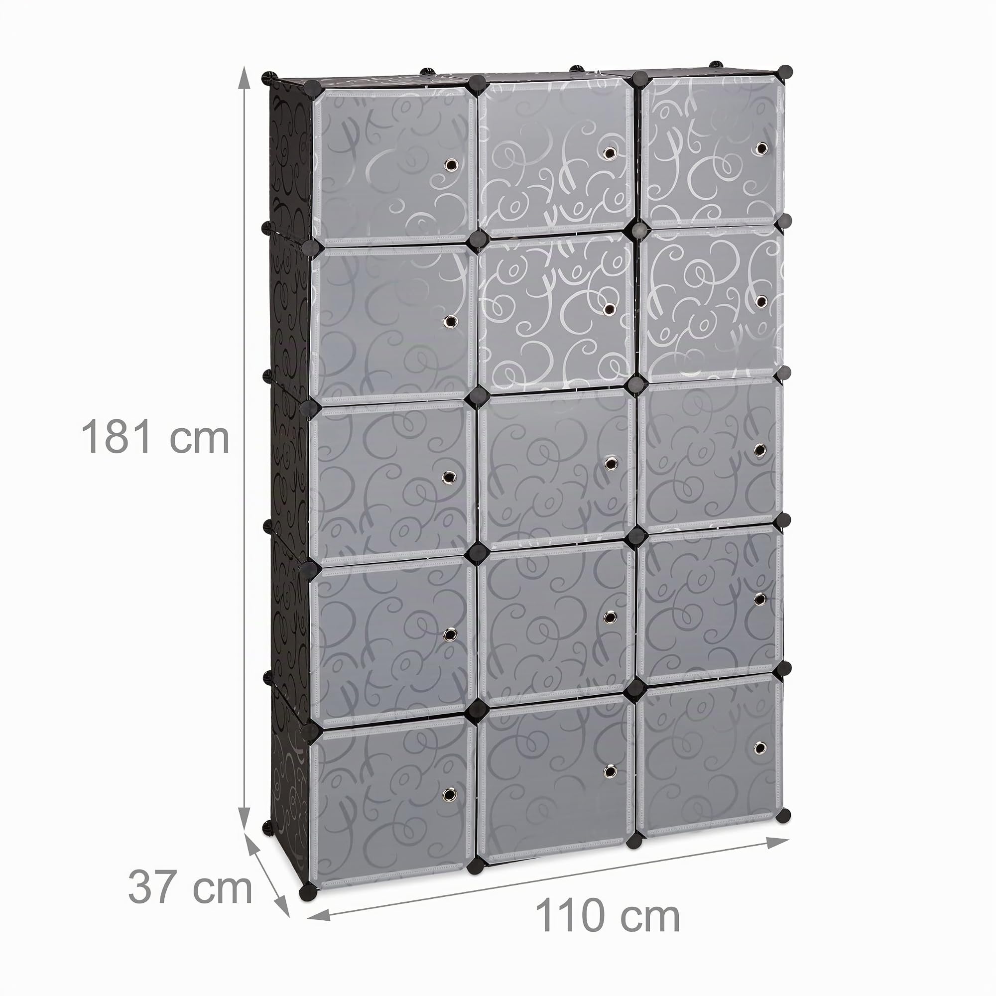 Relaxdays Regalsystem Kleiderschrank mit 11 Fächern, Garderobe mit 2 Kleiderstangen, DIY Kunststoff Steckregal, schwarz, 37 x 110 x 181 cm