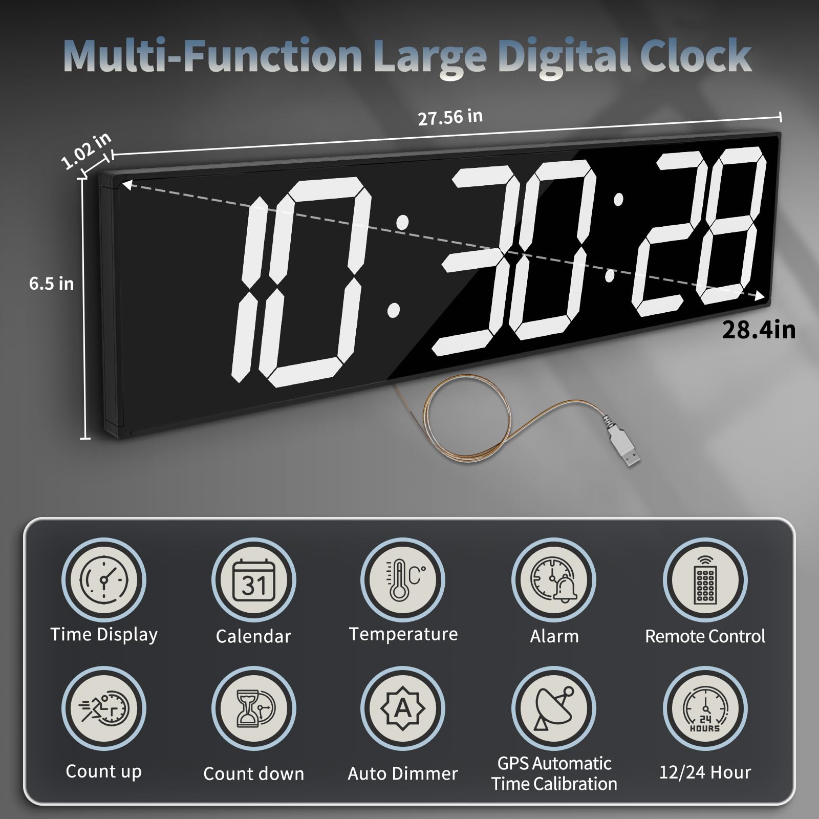 CHKOSDA Reloj de pared digital grande de 28.5 pulgadas, reloj digital automático con alarma, clendar y temperatura, sincronización automática de hora con fácil operación, temporizador grande con
