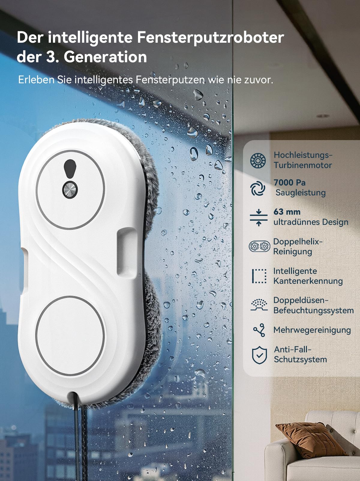 Fensterputzroboter mit Turbinenmotor, 7000 Pa Saugkraft Elektrischer Fensterroboter, ultradünn 63 mm, Doppelhelix-Reinigung, Randenerkennung, 3 Reinigungsmodi, Window Cleaning Robot