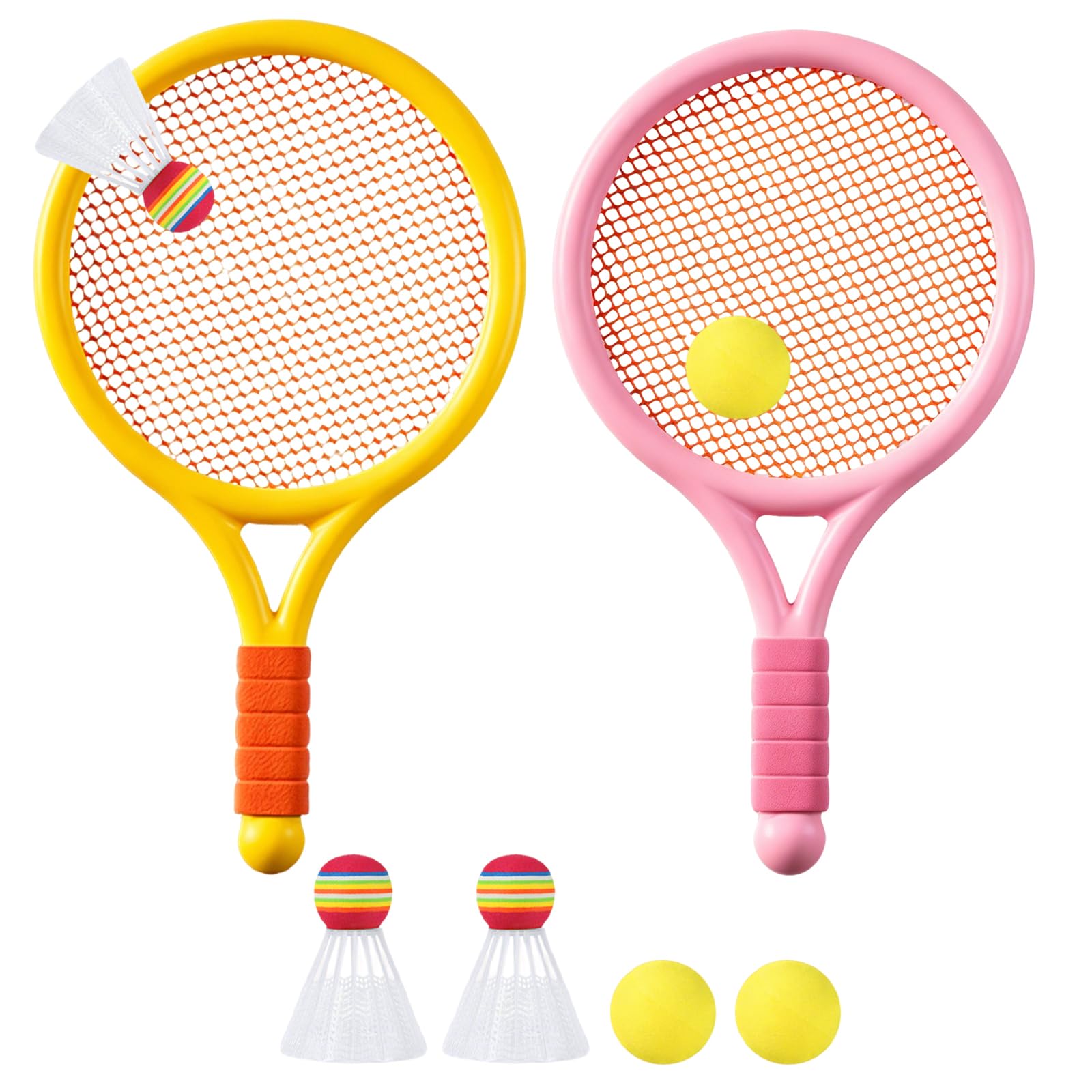 Kids Tennis Rackets Set, 2 Plastic Tennis Rackets and 3 Shuttlecocks and 3 Tennis Balls, Kids Tennis Set for Children Indoor Outdoor Sports Games，Good Companion for Company (Pink-yellow) — image 1