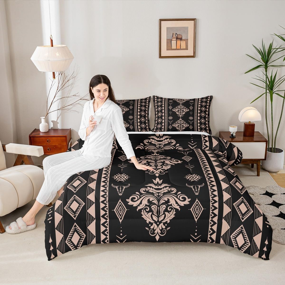 Erosebridal Western Damask Bedding Set King Size, Boho Aztec Comforter Set, Exotic Native Duvet Insert for Men Teens Bedroom Decor, Vintage Victorian Baroque Quilt, Black