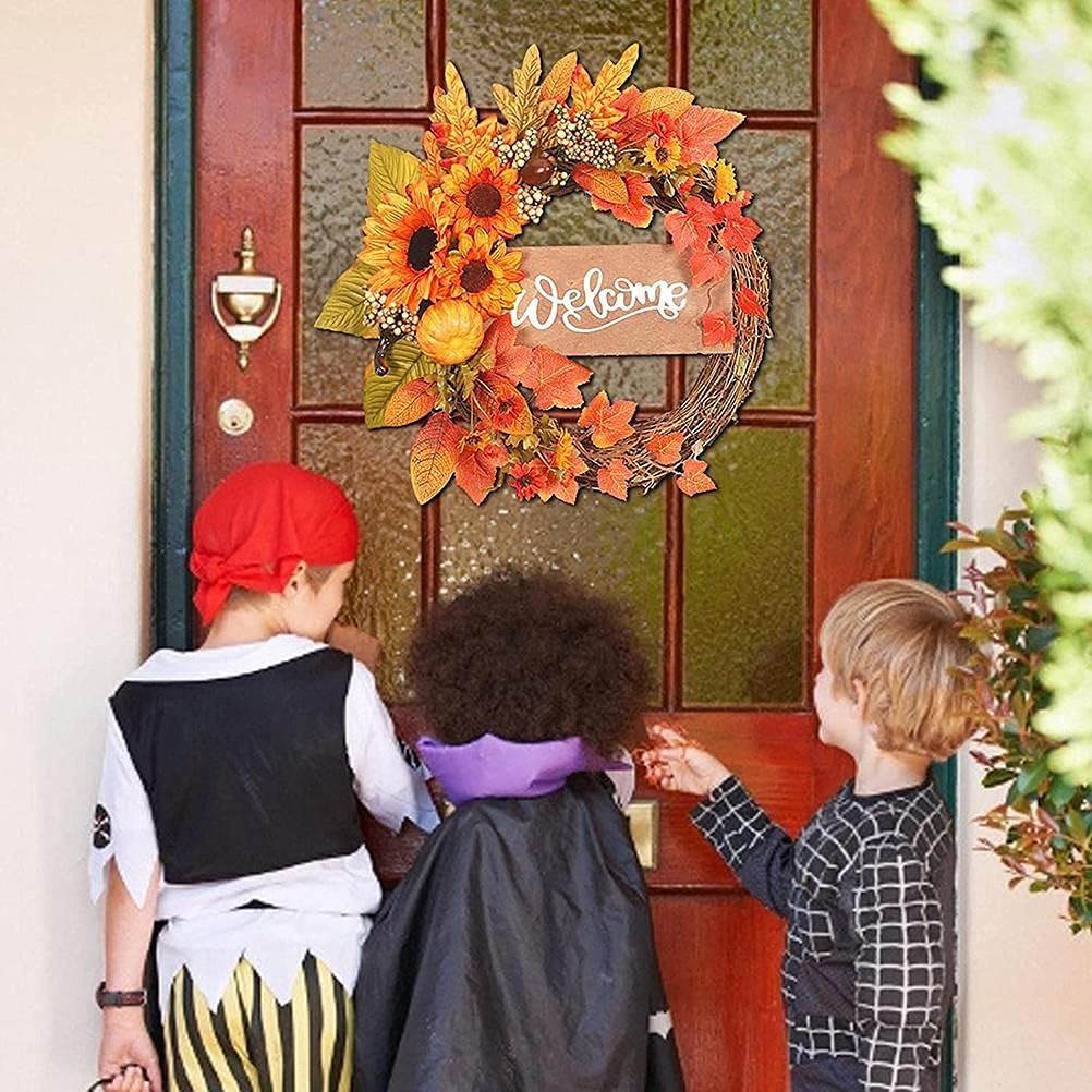 MINGZHE Artificial Autumn Fall Wreath Simulation Maple Leaf Pumpkin Sunflower Halloween Garland Rattan Garland for Autumn Decoration, Artificial Fall Decorations for Home for Indoor Outdoor(15.7in)
