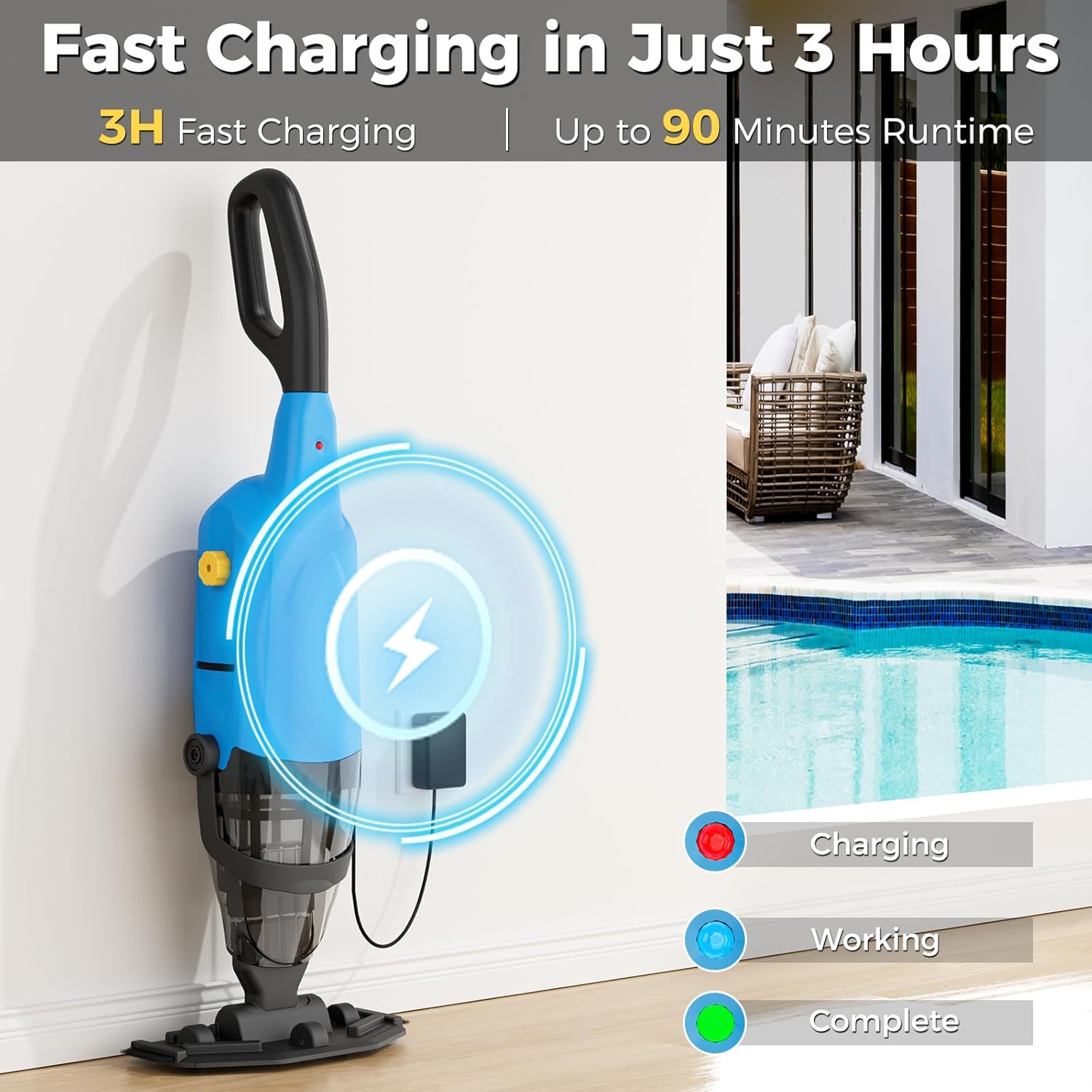 Cordless Pool Vacuum for Above Ground Pool - Rechargeable Pool Vacuum Cleaner with 69" Telescopic Pole, 20 GPM Suction, 90 Min Runtime, Ideal for Spas, Hot Tubs, Pools, Leaves, Debris, Sand