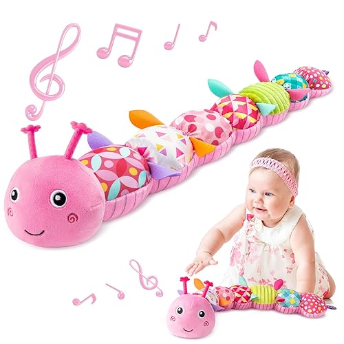 Miniatura 10 de Sumobaby Juguetes musicales para bebés, oruga de peluche con mordedor, arrugado multisensorial, sonajero y texturas, para el tiempo boca abajo