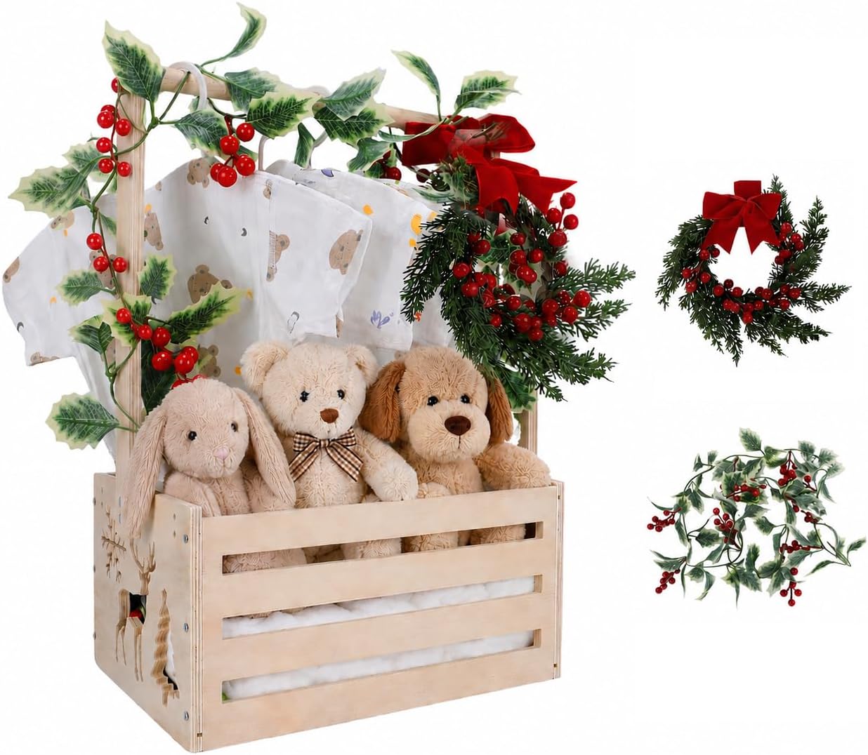 Wooden Baby Shower Crate Closet, Baby Basket With Artificial Garland Wreath & Accessories - Baby Shower Basket for Newborn Boys Girls, Pregnancy Gifts for New Parents