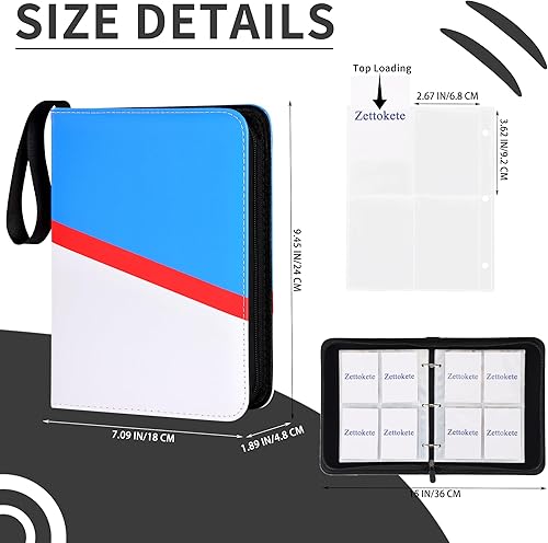 Miniatura 5 de Carpeta de tarjetas coleccionables de 4 bolsillos con 50 fundas extraíbles, 400 bolsillos para coleccionista de tarjetas TCG, azul y blanco