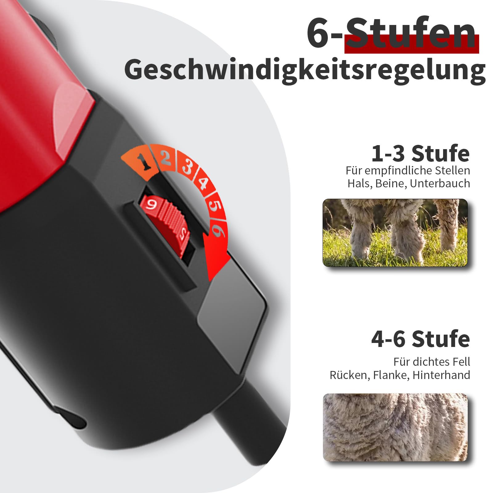 1200W High-Power Schafschermaschine, 6 Geschwindigkeiten, 3200 U/min, elektrische Schafschere mit 13-Zahn-Klinge, Set im Koffer, für Schafe, Alpakas, Ziegen (Rot)