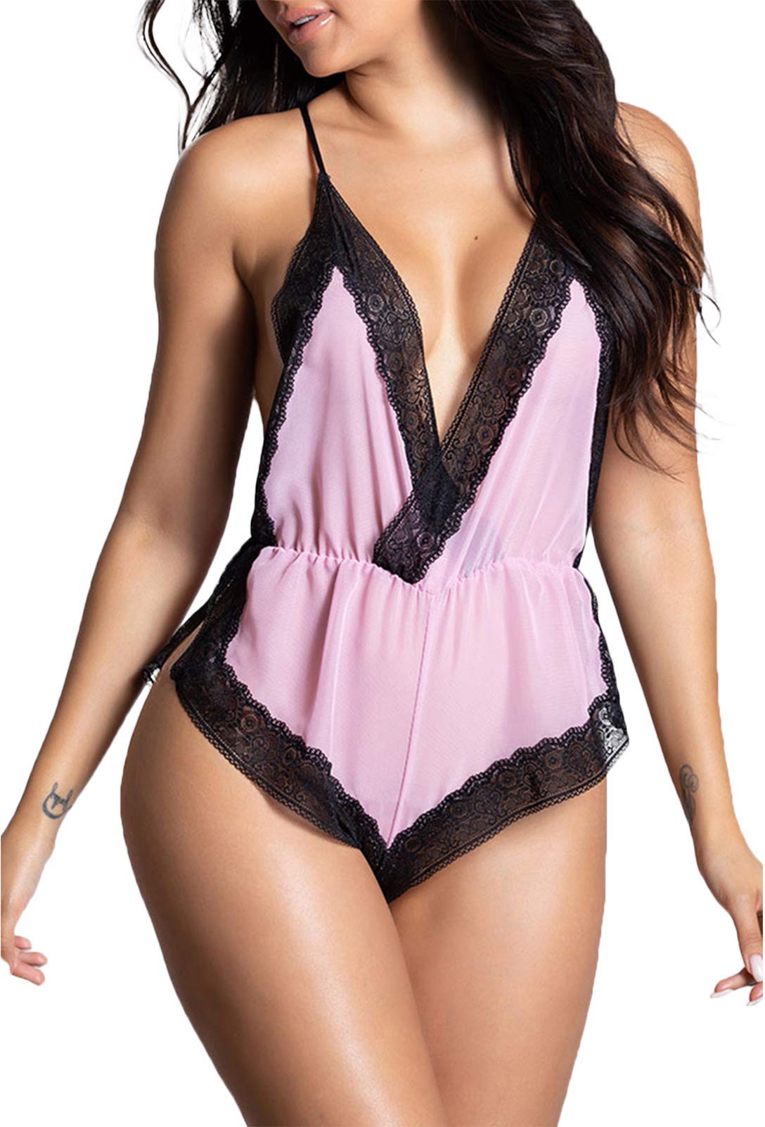 Sexy Lingerie for Women Teddy Lace Bodysuit Deep V-Neck Halter Sleepwear Sheer Mesh One Piece Babydoll Pajamas