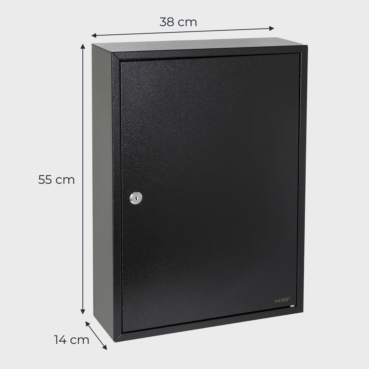HMF Armadietto Portachiavi Grande in Acciaio, Cassetta Porta Chiavi da Parete con Serratura per Ufficio, Amministrazione o Parco Veicoli | 200 Ganci Portachiavi | 55 x 38 x 14 cm | Nero