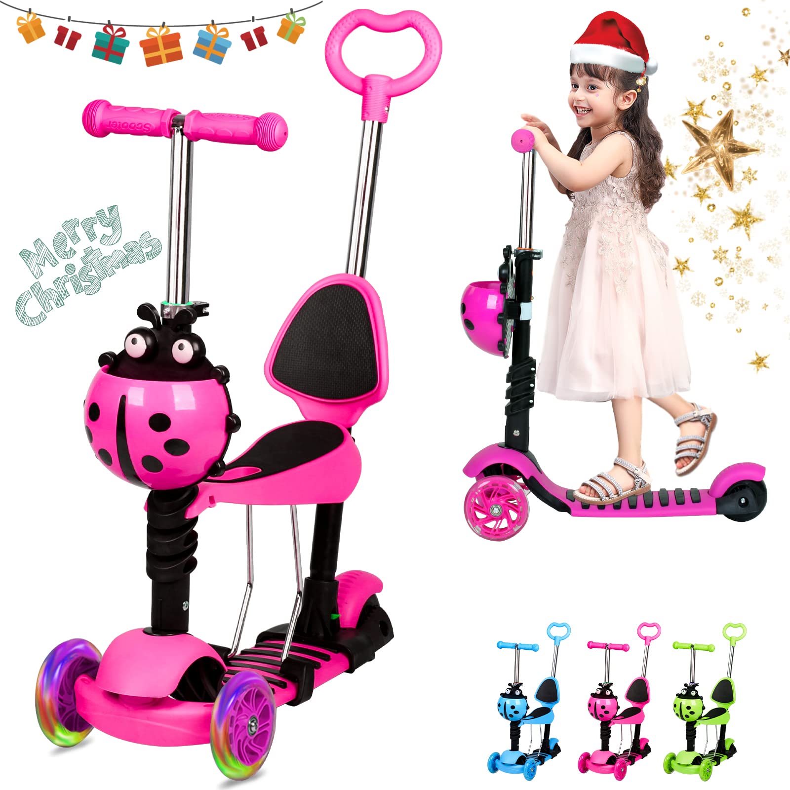 5-in-1 Kids Scooter with Adjustable Seat and Push Handle, 3-Wheel Kick Scooter with LED Light-Up Wheels for Toddlers (Pink)