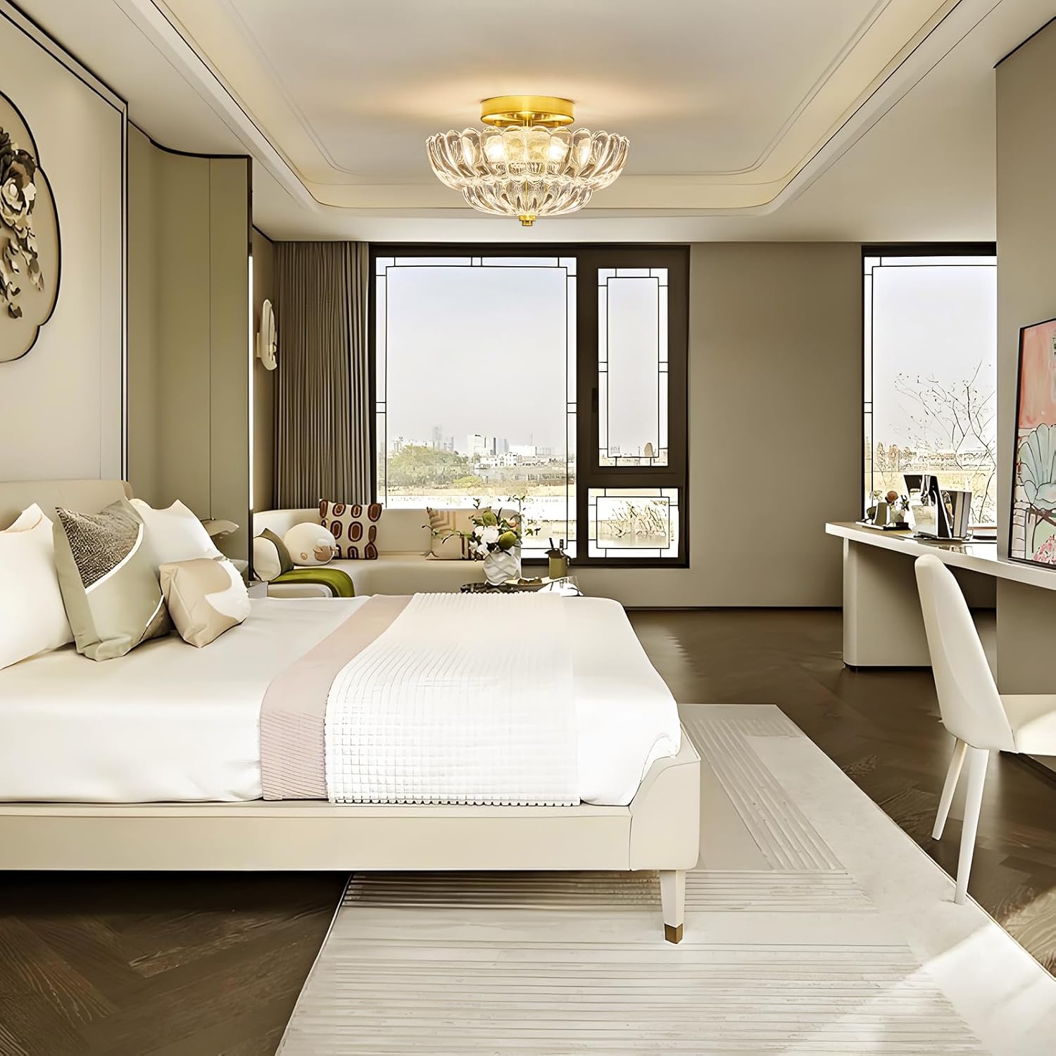 Mid Century Modern Gold Semi Flush Mount Ceiling Light Fixture,3 Lights Flower Glass Close to Ceiling Lighting Fixtures for Bedroom Hallway Kitchen Foyer Bathroom Closet Laundry Room 11.8 inch