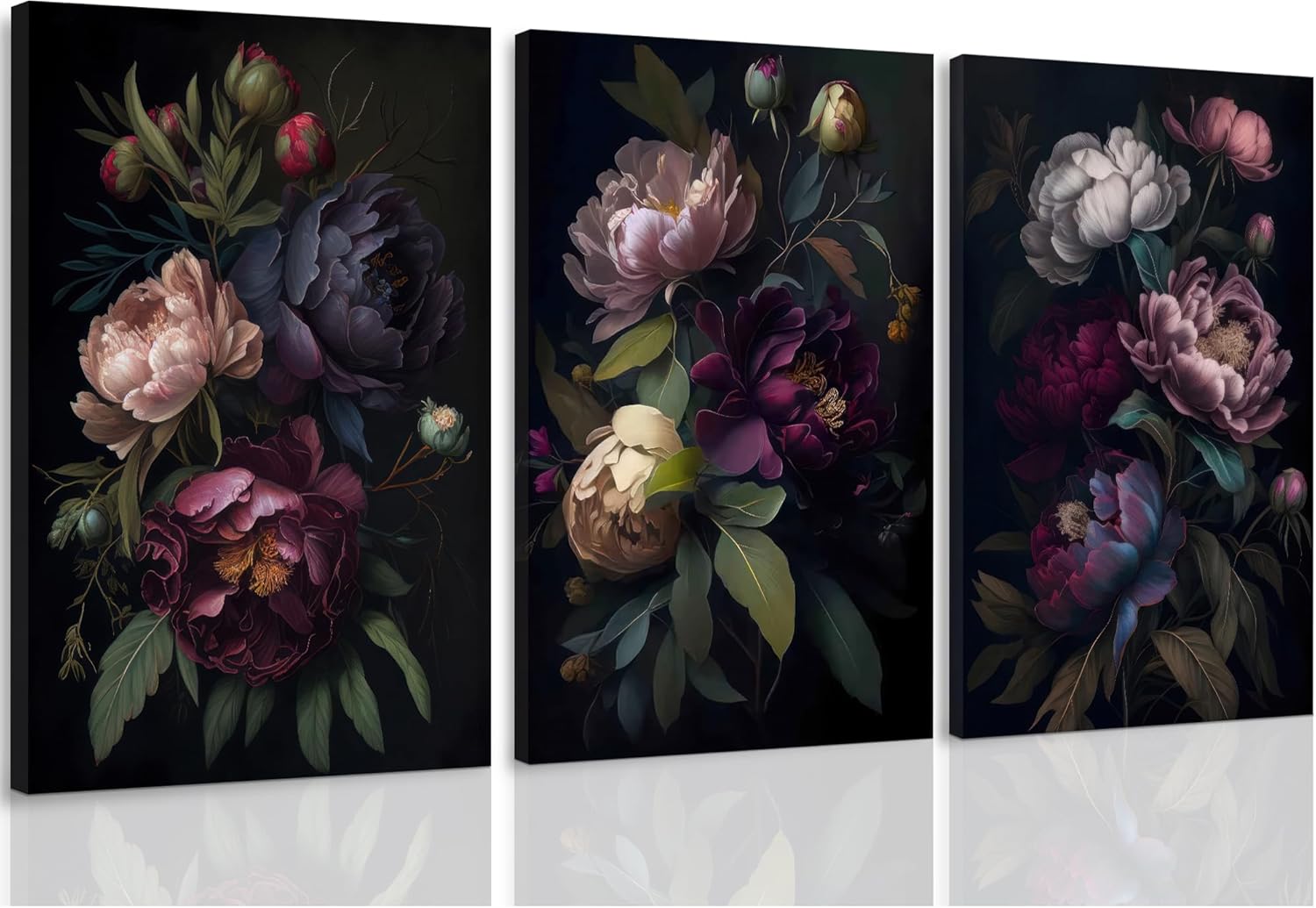 ICHZUMW Moody Floral Wall Art Framed, Vintage Peony Wrapped Canvas Wall Art, Set of 3, Dark Academia Floral Prints, Gothic Flower Pictures for Bedroom Living Room Decor, Elegant Botanical Home Decor