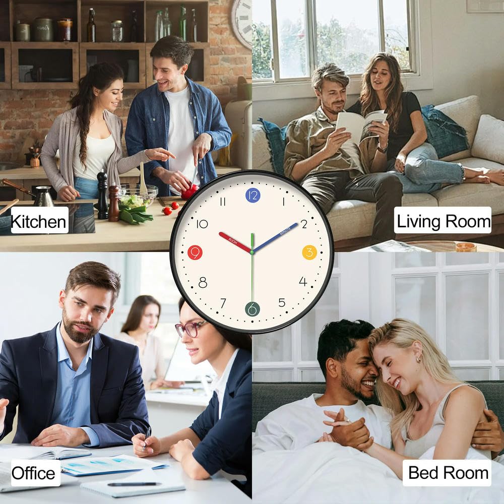 NYSDM Eine einfache beige und weiße Wanduhr mit bunten Zeigern und niedlichem digitalem Design, 25,4–40,6 cm, rund, silberfarben