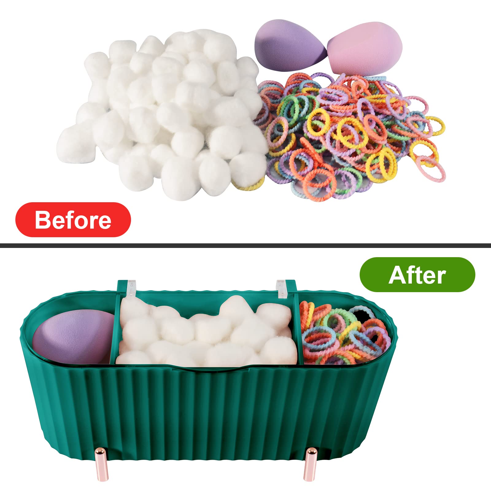 CGBE Qtips Holder, 3 Grids Separate Cotton Swabs Dispenser, Cotton Ball Holder with Clear Lid, Cotton Swab Holder Storage Box Bathroom Organizer for Cotton Pads Swabs Rounds Balls -Green