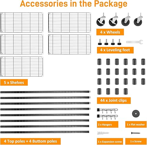 Miniatura 7 de Estantes de almacenamiento de 5 niveles con ruedas, capacidad de 1750 libras, estanterías resistentes, estante de metal ajustable de 14 x 36 x 75