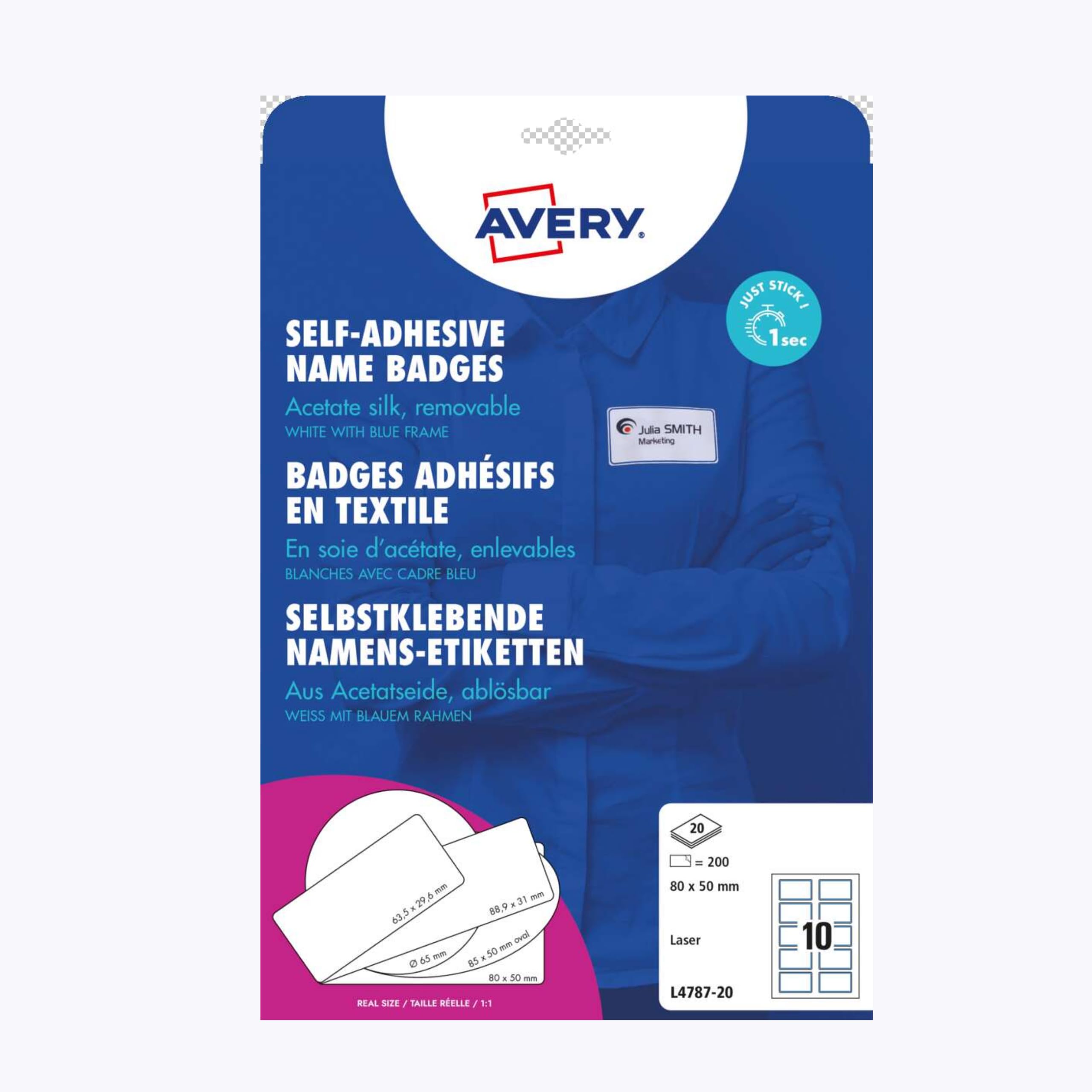 Avery L4787-20 Customisable Printable Repositionable Name Badge Labels – Blue Border, 10 per A4 Sheet, 200 Badges Total