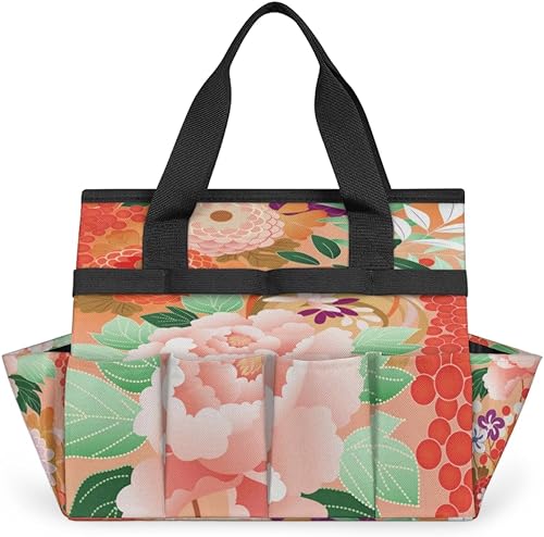 Cartoon Flowers Patterns Garden Tool Tote Bag for Women Men Gardening Tool Storage Bags with 10 Pockets Standable Garden Home Tool Kits Organizer
