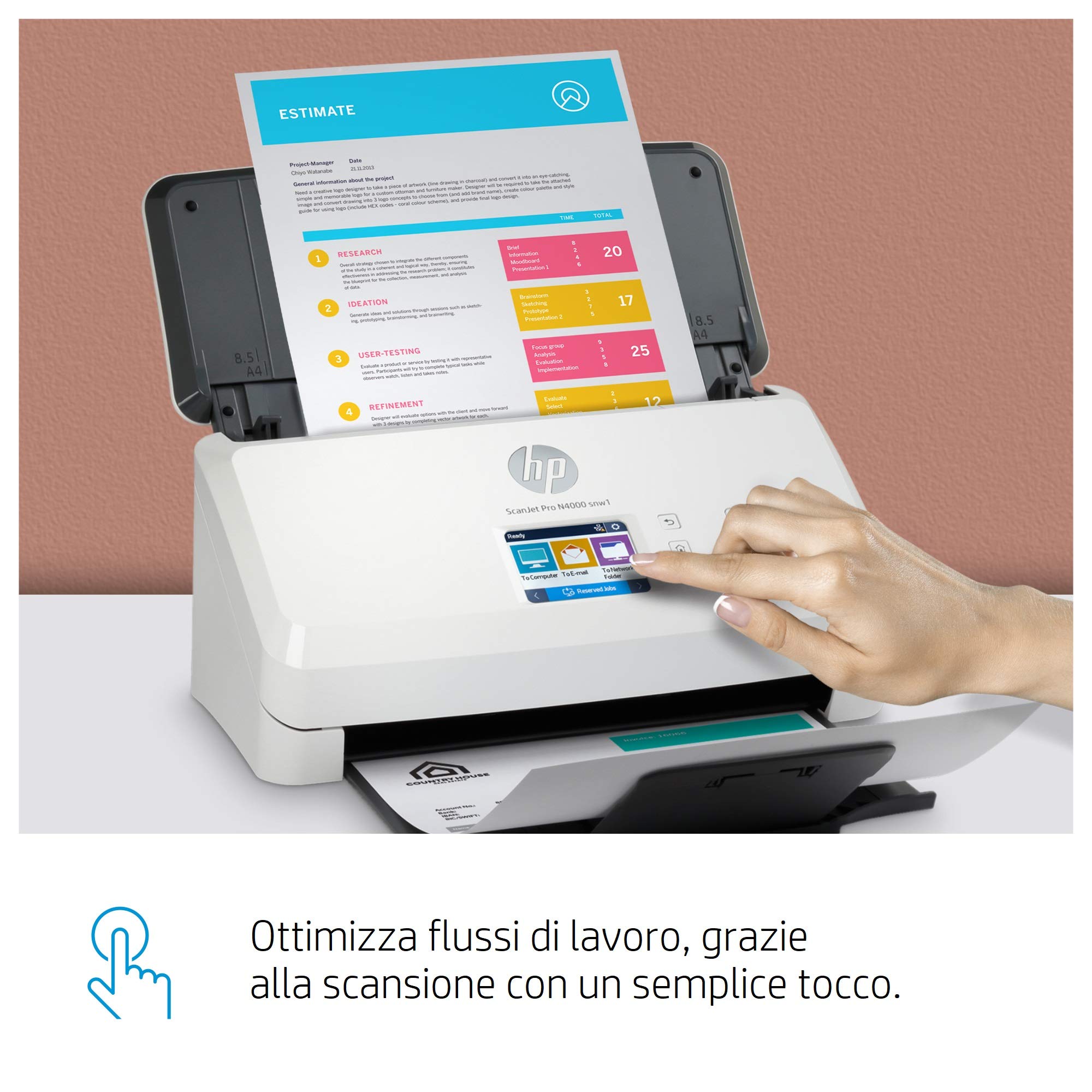 HP ScanJet PRO N4000 snw1 6FW08A, Scansione Fronte e Retro in Un Solo Passaggio, 40 ppm e 80 ipm, Wi-Fi, Wi-Fi Direct, Ethernet, Smart, Scan, Compatto, Piccolo e Sottile, Bianco