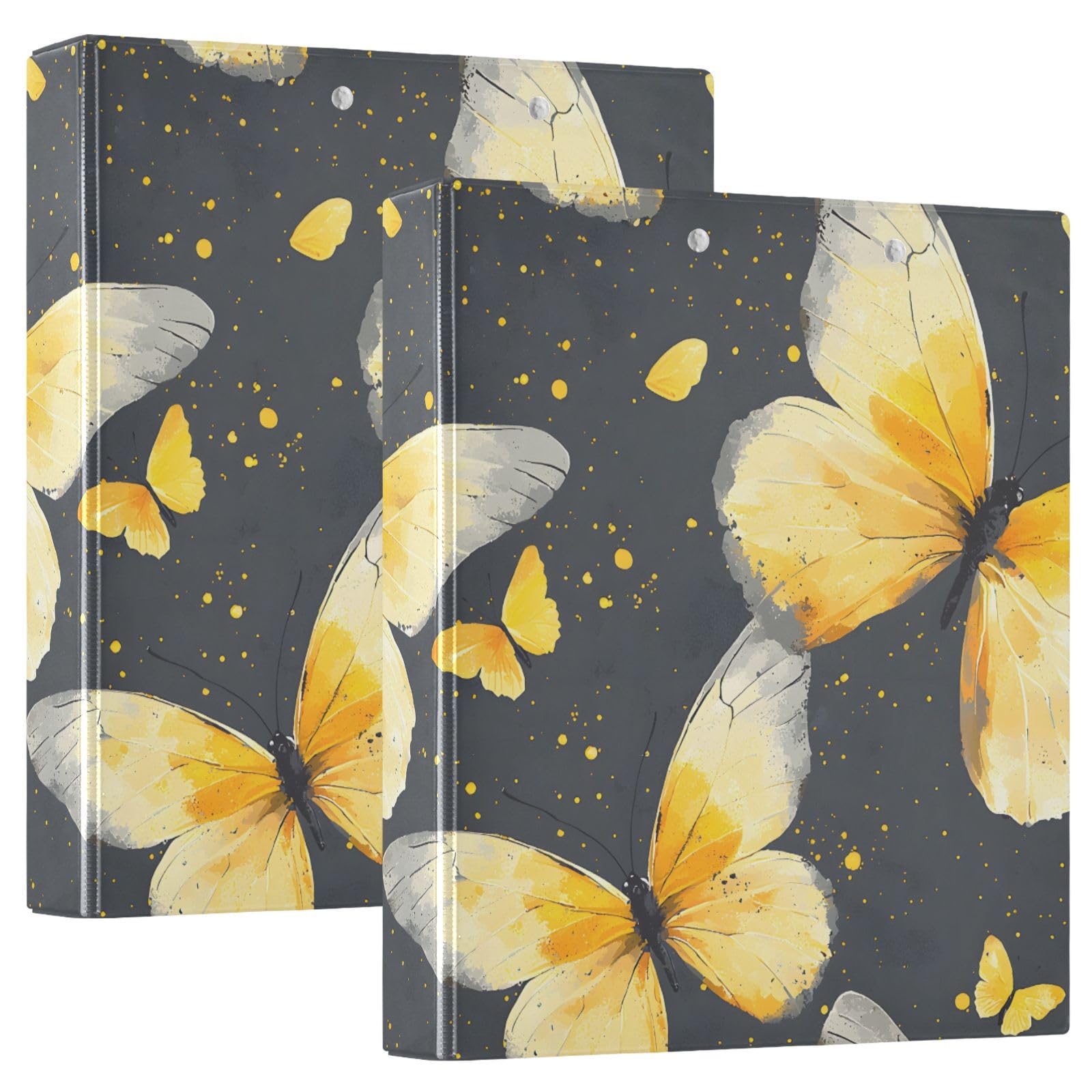 Butterfly Yellow Butterflies 3 Ring Binder with 2 Interior Pockets 1.5 inch Binders 3 Ring Heavy Duty Fit 8.5" x 11" Letter Size for Office School, 2 Pack