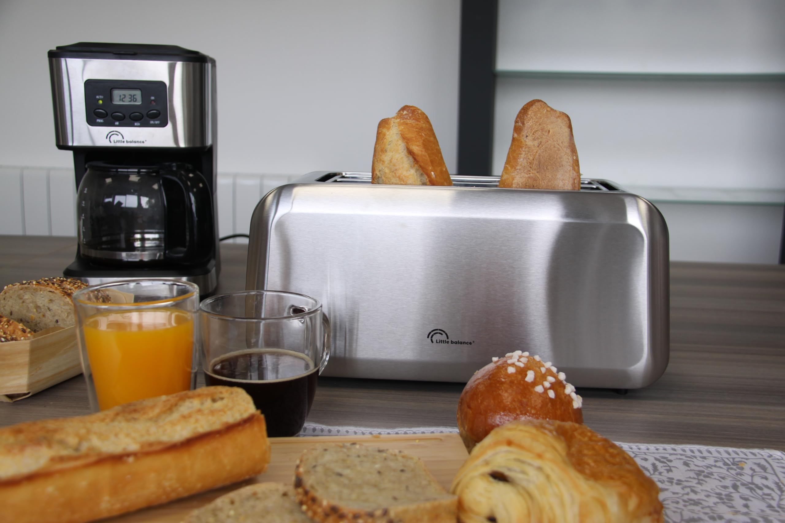 LITTLE BALANCE 8697 Dual Inox, Grille pain Toaster, 2 fentes longues pour 4 tranches de pain, Tiroir Ramasse-miettes, 1450 W, Tout Inox
