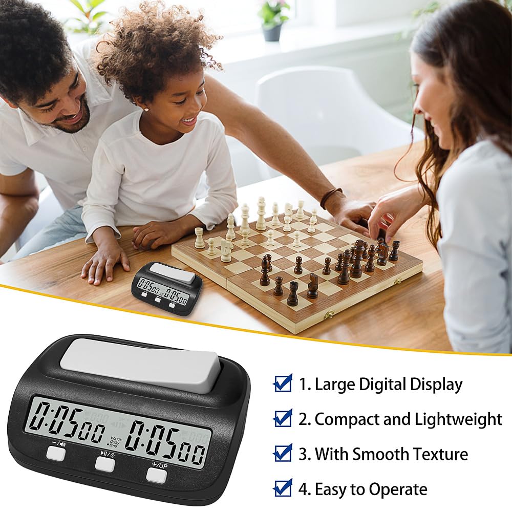 Orologio da Scacchi, Professionale Timer Scacchi con Display, Conteggio Alla Rovescia/Bonus/Ritardo, 3 Pulsanti di Controllo, Design da Competizione Timer per Tornei e Giochi da Tavolo (Nero)