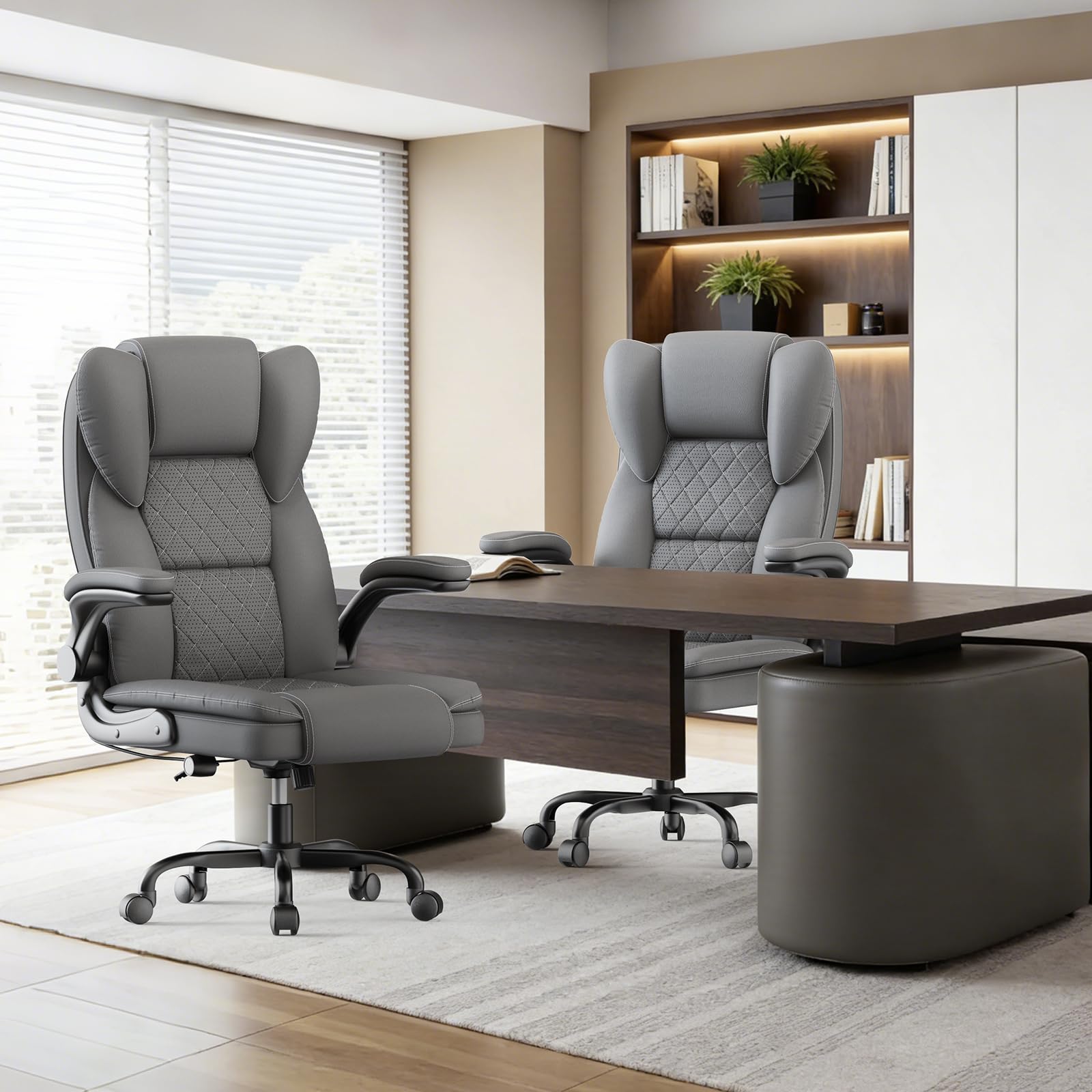 rattantree Bürostuhl, Großer Ergonomischer Bürostuhl mit Verstellbarer Lendenwirbelstütze, PU Leder Chefsessel, Drehstuhl mit Hochklappbaren Armlehnen, Liegestuhl für Büro und Zuhause, Grau