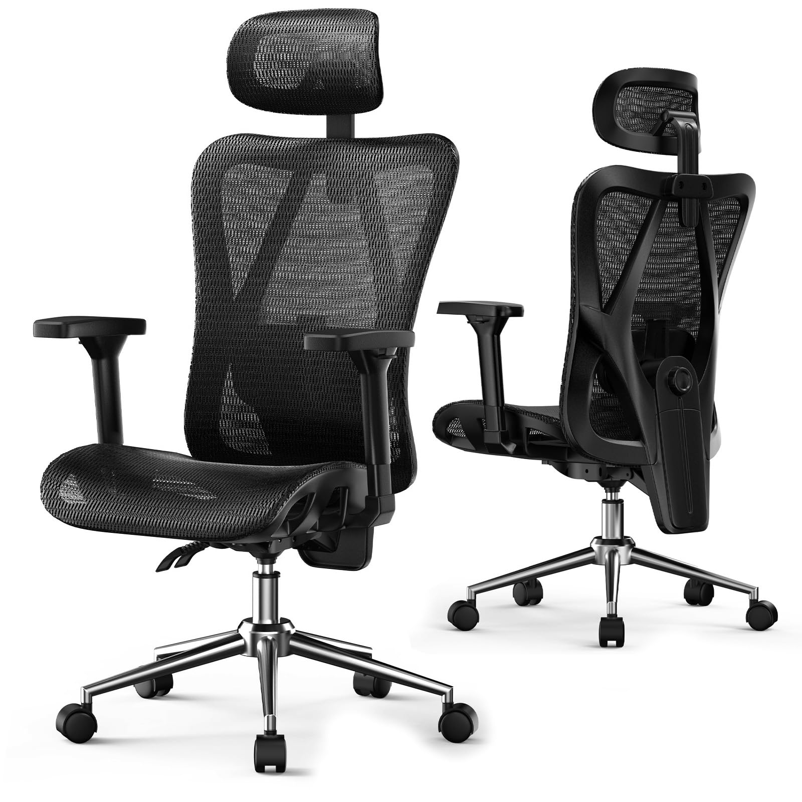 rattantree Ergonomic Office Chair Mesh Desk Chair with Adjustable Headrest Lumbar Support 3D Armrest 90-135° Reclining Chairs for Home Office Sturdy Work (Black, 48x46 Cushion)