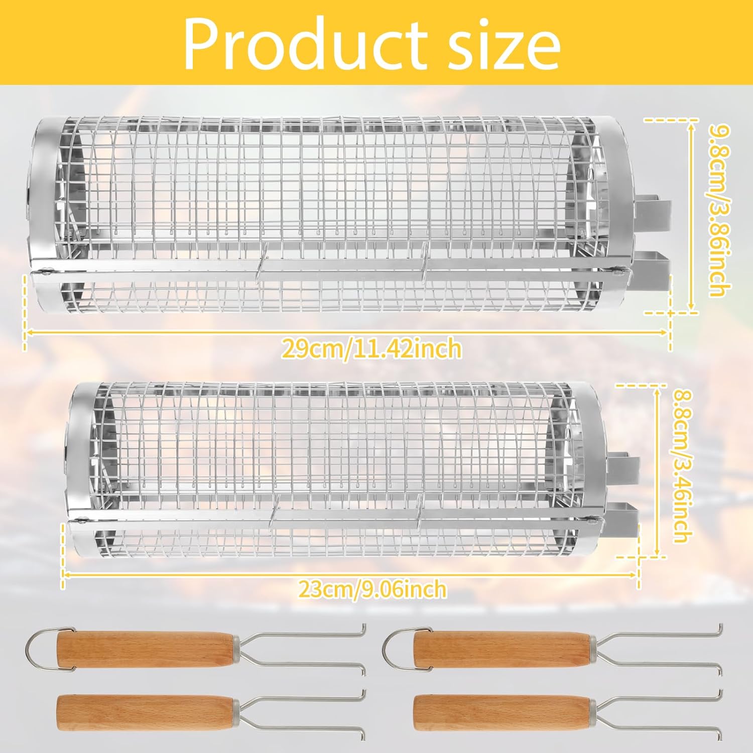 Rolling Grill Basket with Detachable Double Handle Stainless Steel Rolling Grilling Basket Multifunctional BBQ Grill Basket Dishwasher Safe Barbecue Grill Basket for Outdoor Grill(2,Silver)