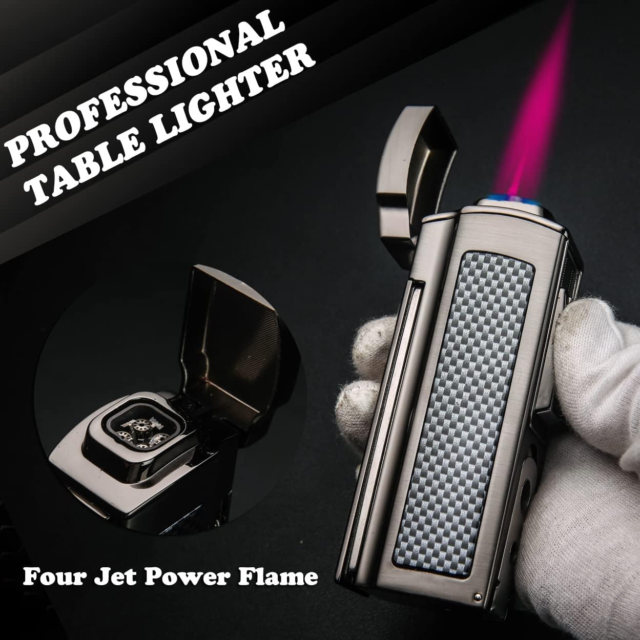 Table Cigar Lighter Large Size Windproof Lighters Metal Torch Butane Lighter 4 Jet Red Flame Refillable Lighters with Two Tools Cigar Punch and Cigar Scissors (Gunmetal)