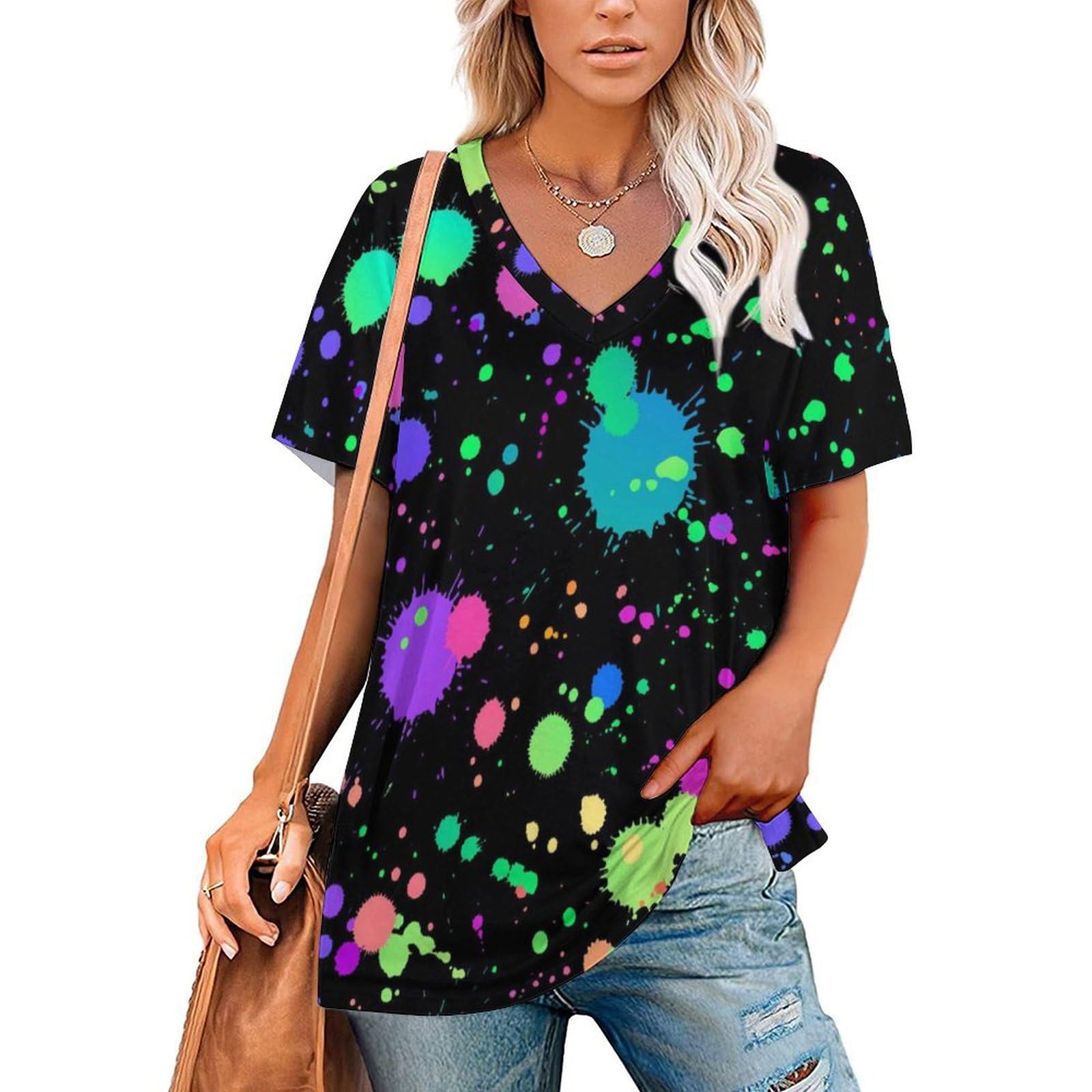 Fjqwklf Women's Glow In Dark Splatter Neon-3 Glow In Dark Splatter Neon Tops,V Neck T Shirts Tops Shirts Loose Ruffle Short Sleeve Shirts Gift
