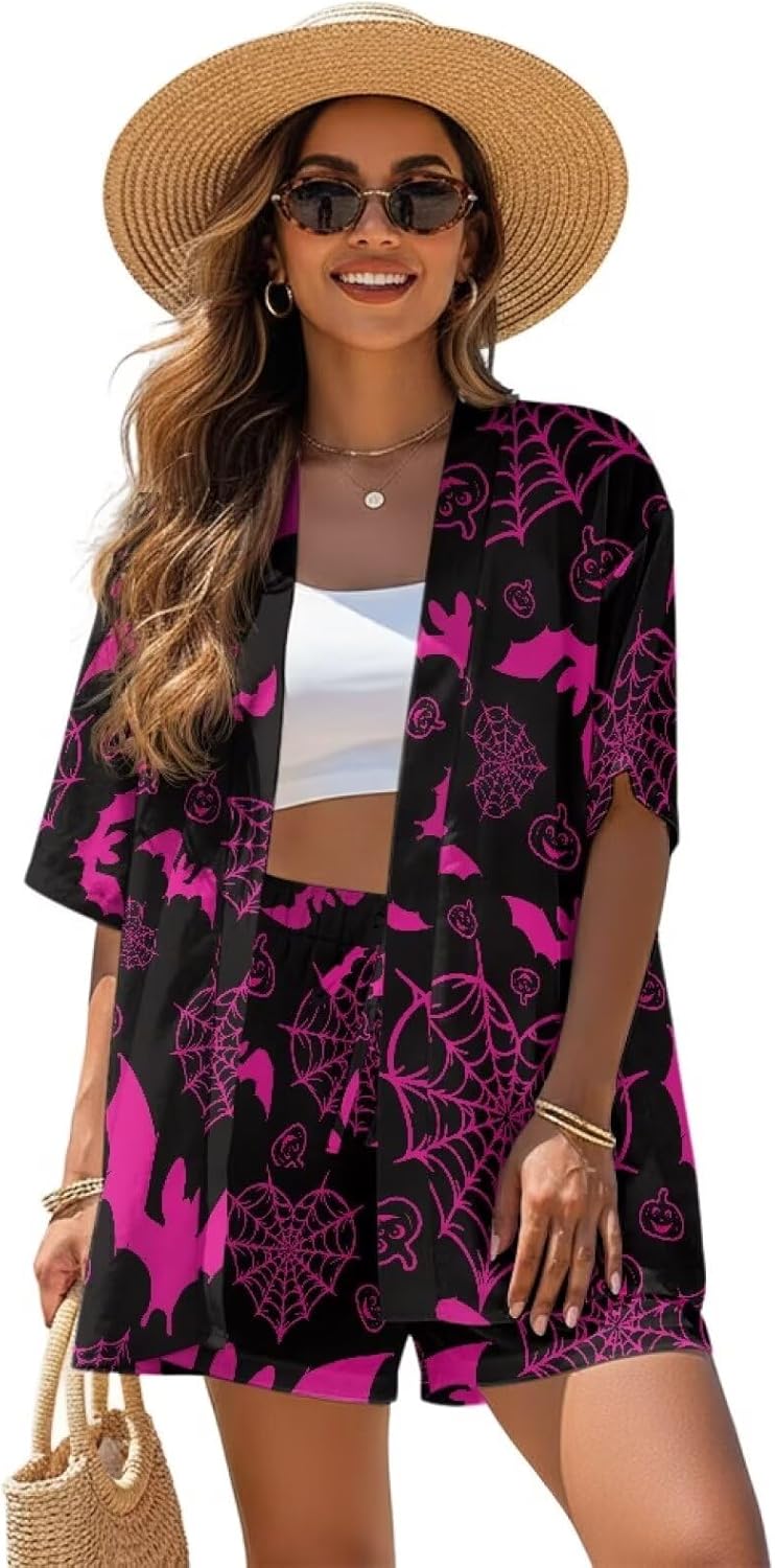 ZFRXIGN Summer Womens 2 Piece Outfits Vacation Kimono Cover up and Drawstring Shorts Set Loose Outfits S-XL