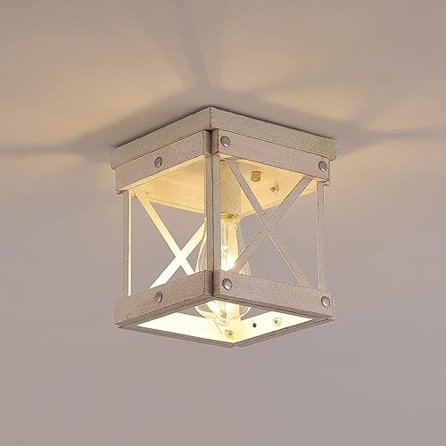 Miniatura 9 de Fivess Lighting Lámpara de techo rústica de montaje empotrado, 1 luz de metal y jaula de madera, mini lámpara de montaje semiempotrado para pasillo,