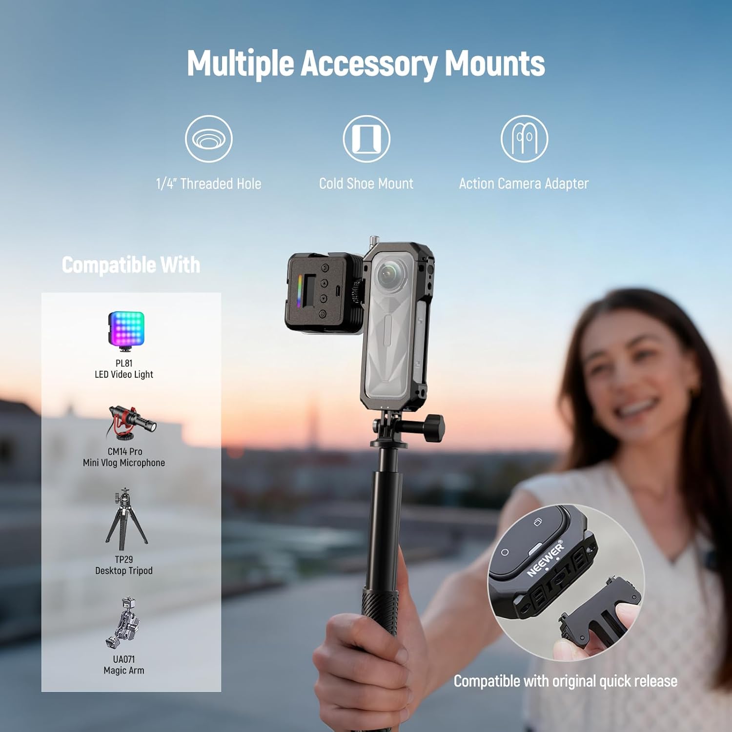 NEEWER Camera Cage for Insta360 X5, Protective Case Compatible with Insta 360 X5, Aluminum Alloy Video Rig Frame with Quick Release, Mount Adapter, 1/4" Threads, Lens Cap, Action Camera Accessories