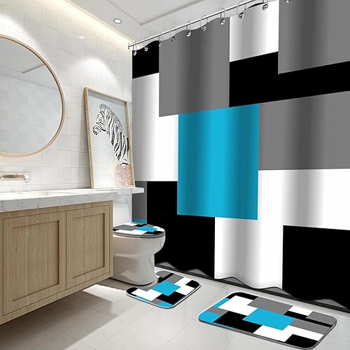 KINUUIS Juego de 4 cortinas de ducha de baño azul claro, juego de baño gris y negro, blanco moderno con alfombras y accesorios, cortina de ducha