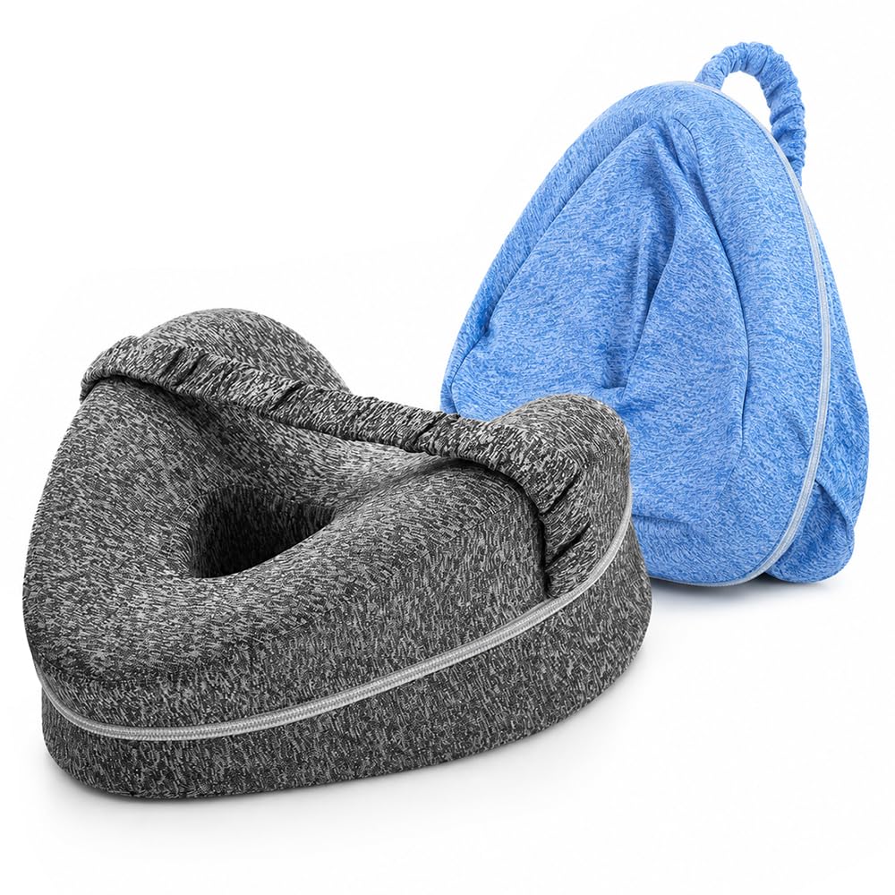 Knee Pillow for Side Sleepers with Strap, Heart Shape Leg Alignment Pillow Grey Knee Cushion with Extra Blue Washable Cover Foam Pillows Between Knee for Hip Support (Grey Pillow + Blue Spare Cover)