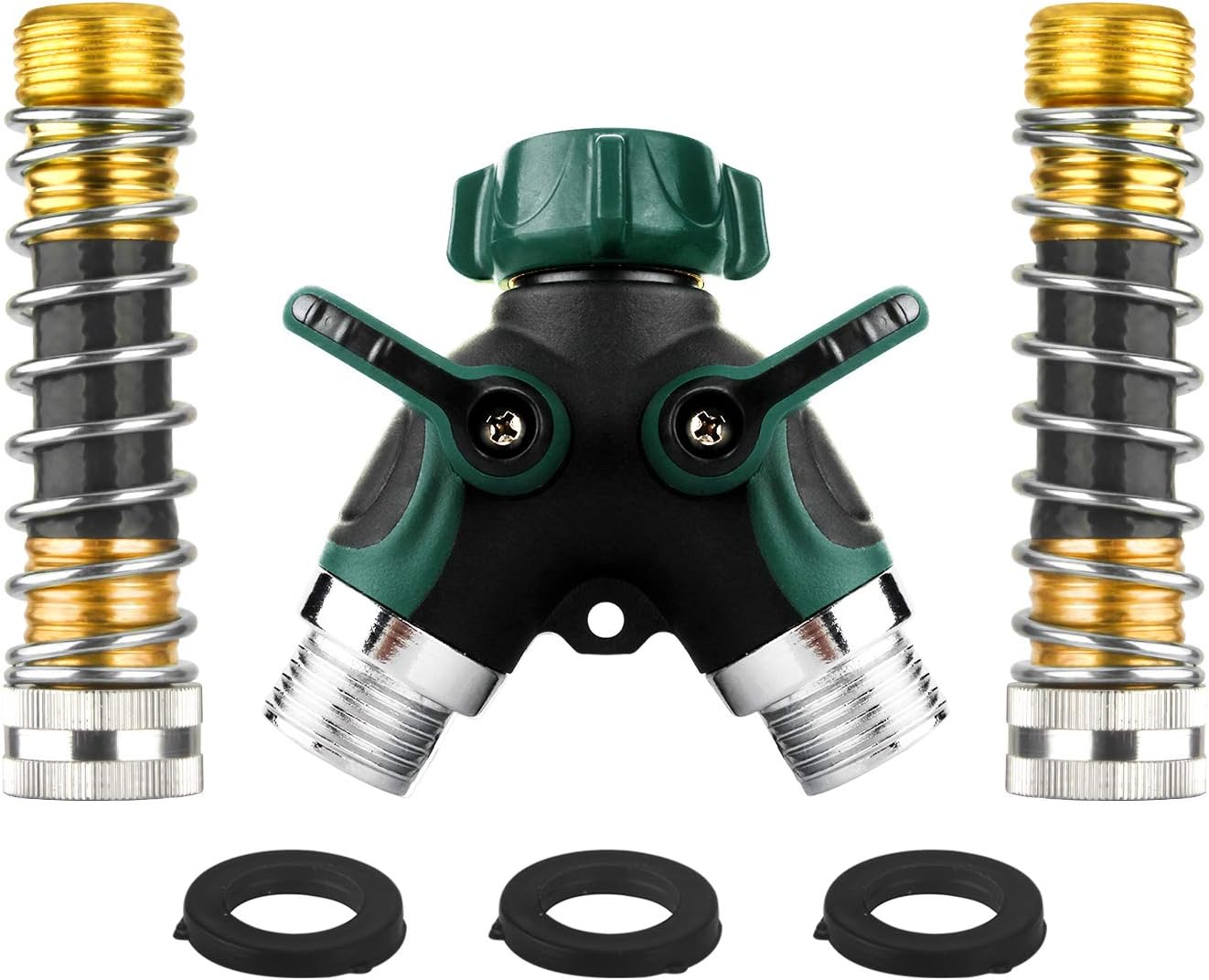 TechKen Garden Hose Splitter 2 Way Heavy Duty, Solid Brass Metal Body Connector Rubberized Grip Water Shut Off Valve with 2 Pcs 3/4 Faucet Extension Hose Protector Saver and 3 Rubber Washers
