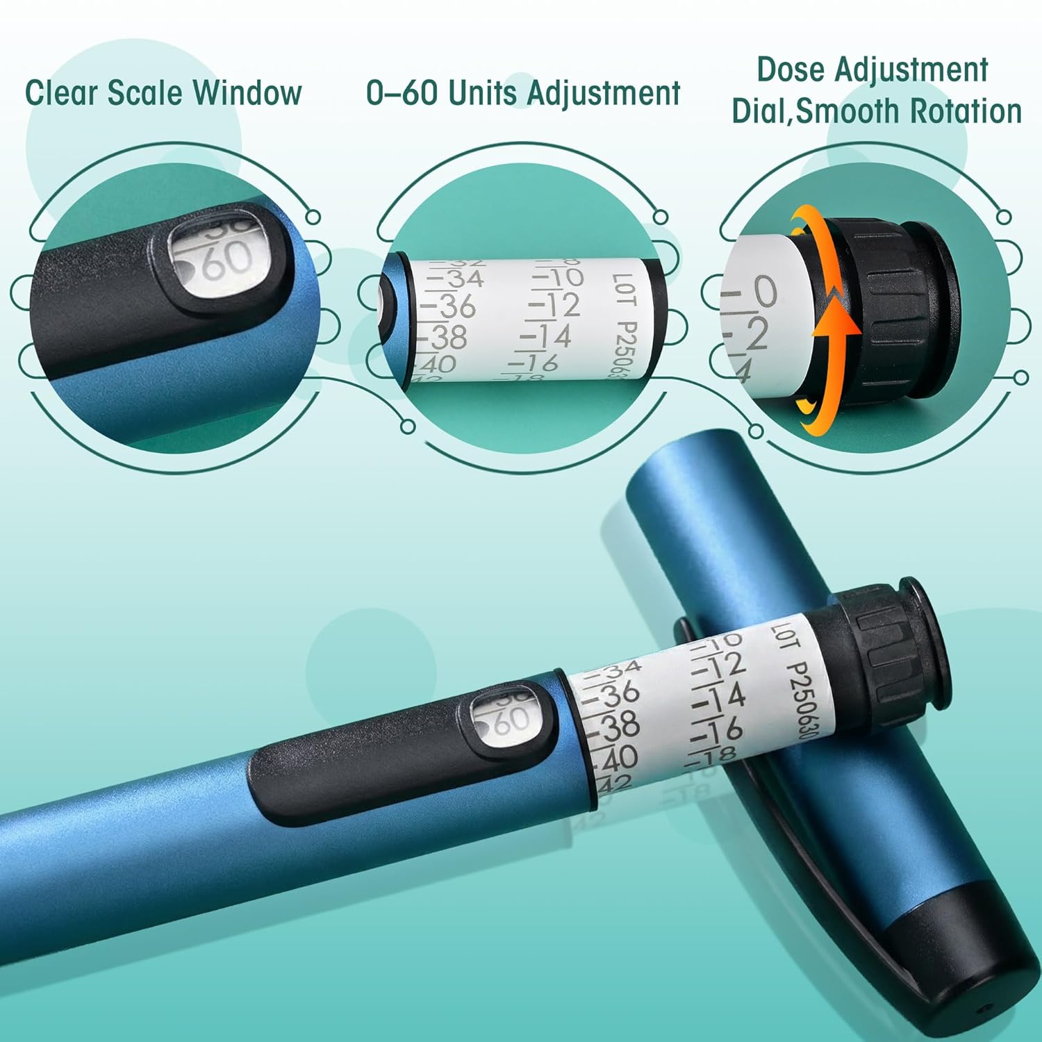 60 Unit Reusable Pen Injector Device with Adjustable Dose Dial Compatible,Clear Scale Design and Protect Case