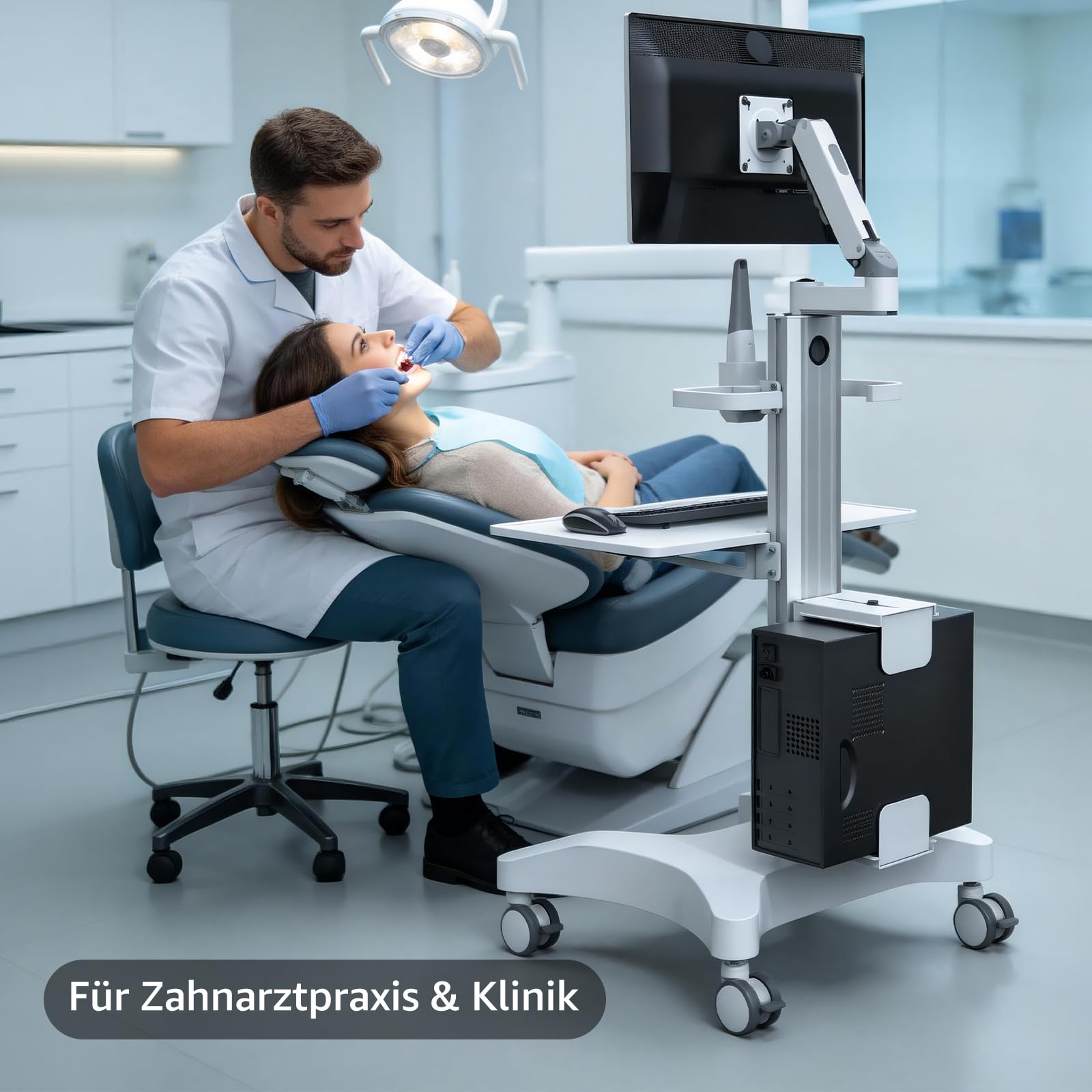 BEWISER Medizinischer Rollwagen Monitor Halterung Mobiles Podium, Mobiler Laptopwagen Robuste Basis, Computertisch Trolley für Zahnklinik, Krankenpflege,PC Workstation