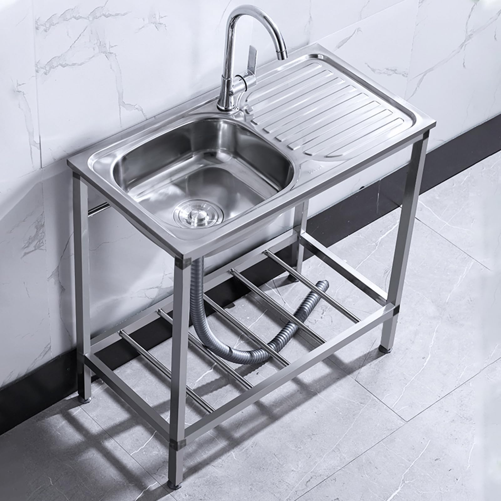 Lavello autoportante con Piano di Lavoro, Rubinetto da Cucina in Acciaio Inox per Acqua Calda e Fredda, Kit di Scarico Portatile per Garage e Giardino.