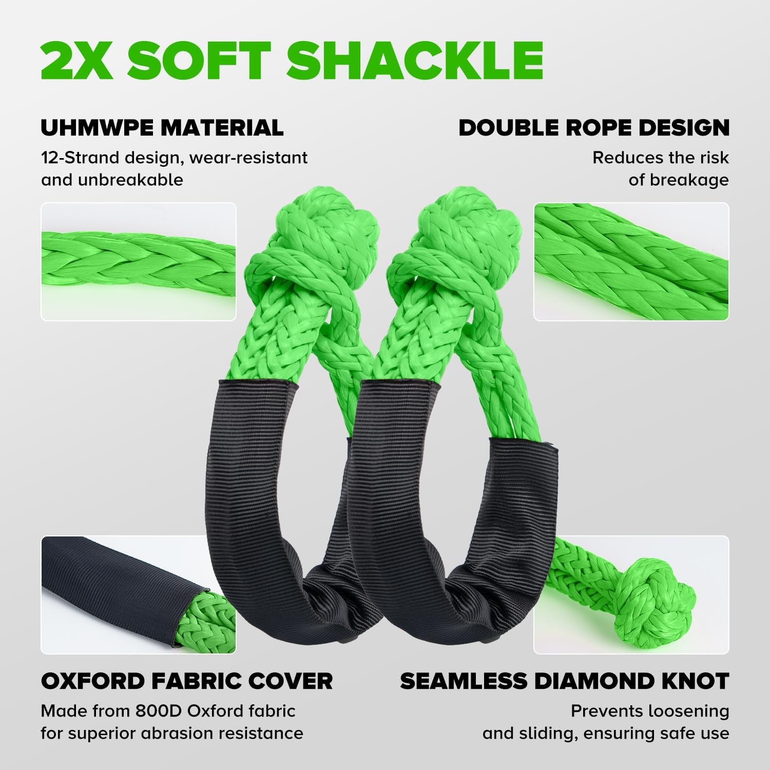 Kinetic Recovery Rope,1.26" x30ft Heavy Duty Offroad Tow Rope/60600 lbs Snatch Strap with Soft Shackles, 100% Nylon Offroad Towing Straps Kit for Truck ATV UTV SUV Jeep Car Tractor - Green
