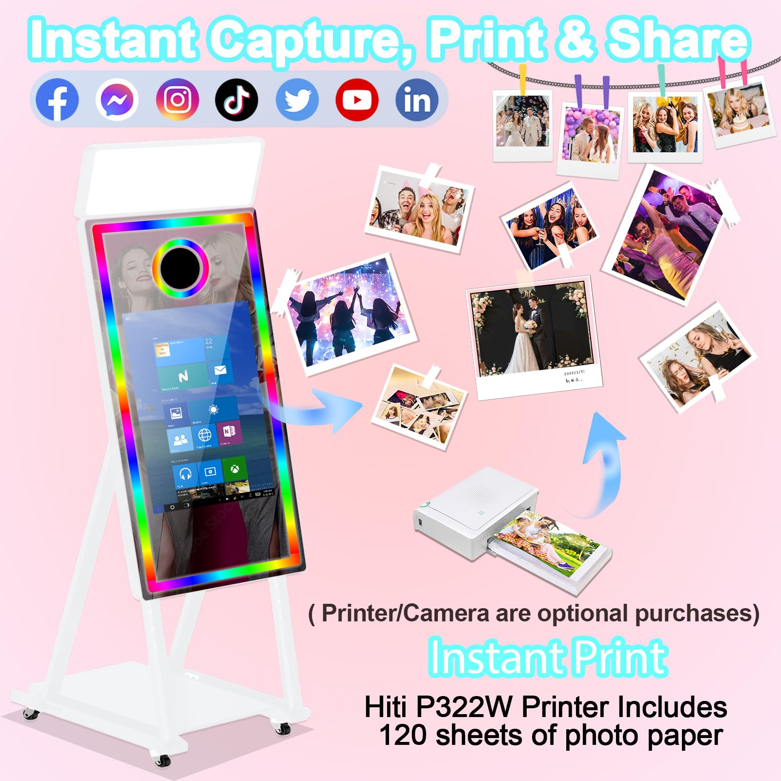Macchina fotografica a specchio da 101,6 cm con touch screen interattivo da 21,5", con custodia da viaggio, mini PC integrato con stampa istantanea e condivisione per Natale, matrimoni, eventi, feste