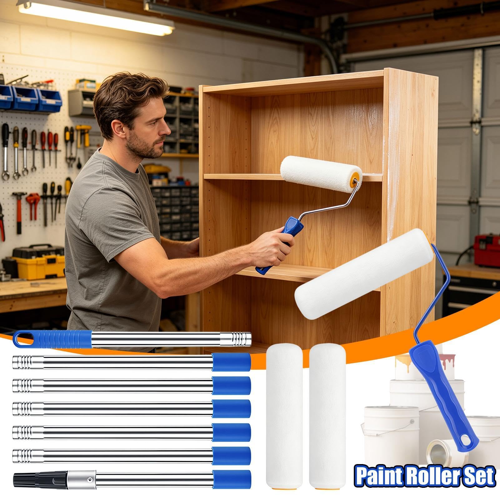 Kit de Rodillo de Pintura Herramientas Ajustables con Pértiga Extensible