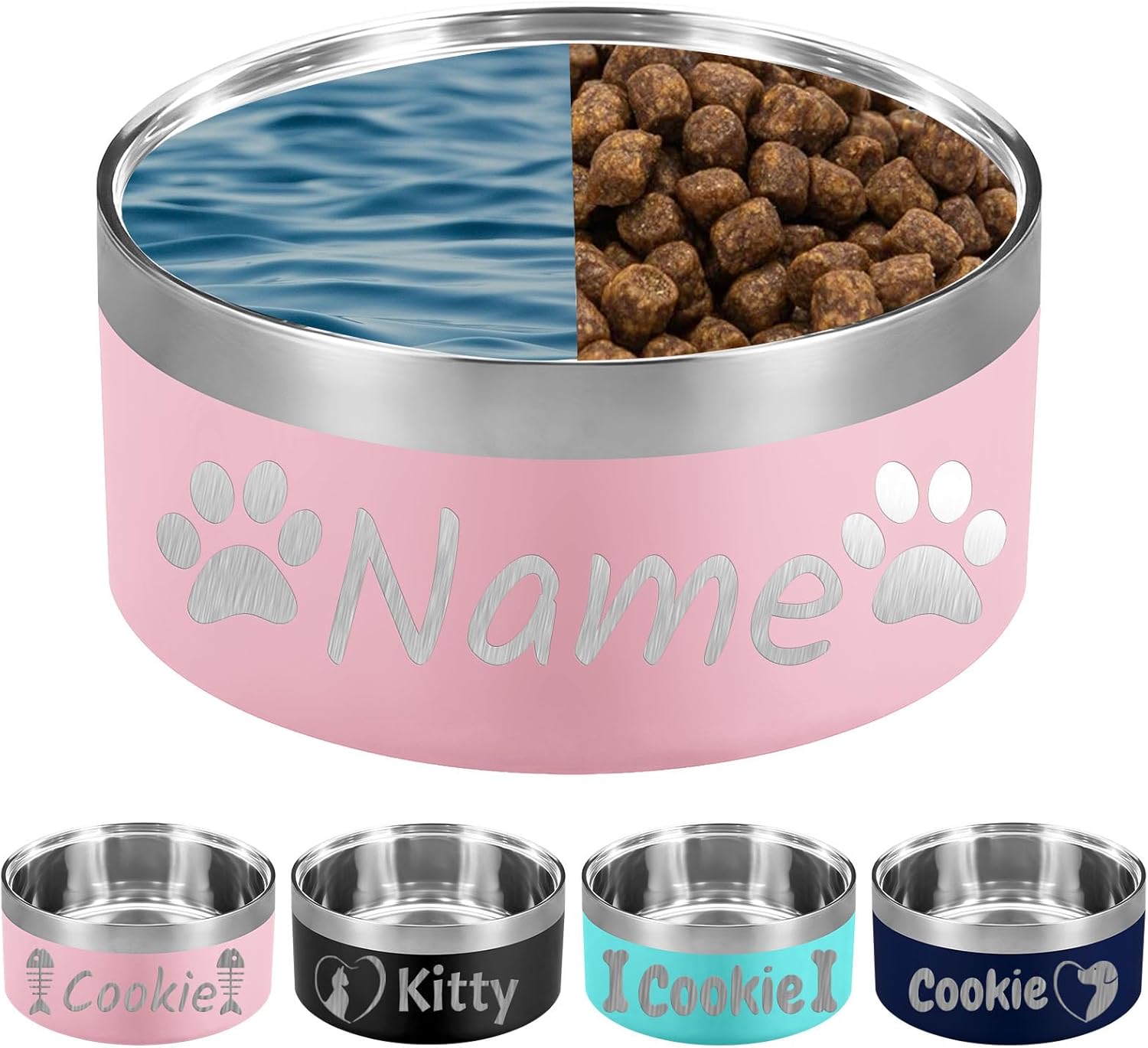 64OZ Personalized Dog Bowl Laser Engraved Custom Pet Name 18/32/42/64 oz No Slip Stainless Steel Insulated Bite-Resistant Food Water Dishes-Black