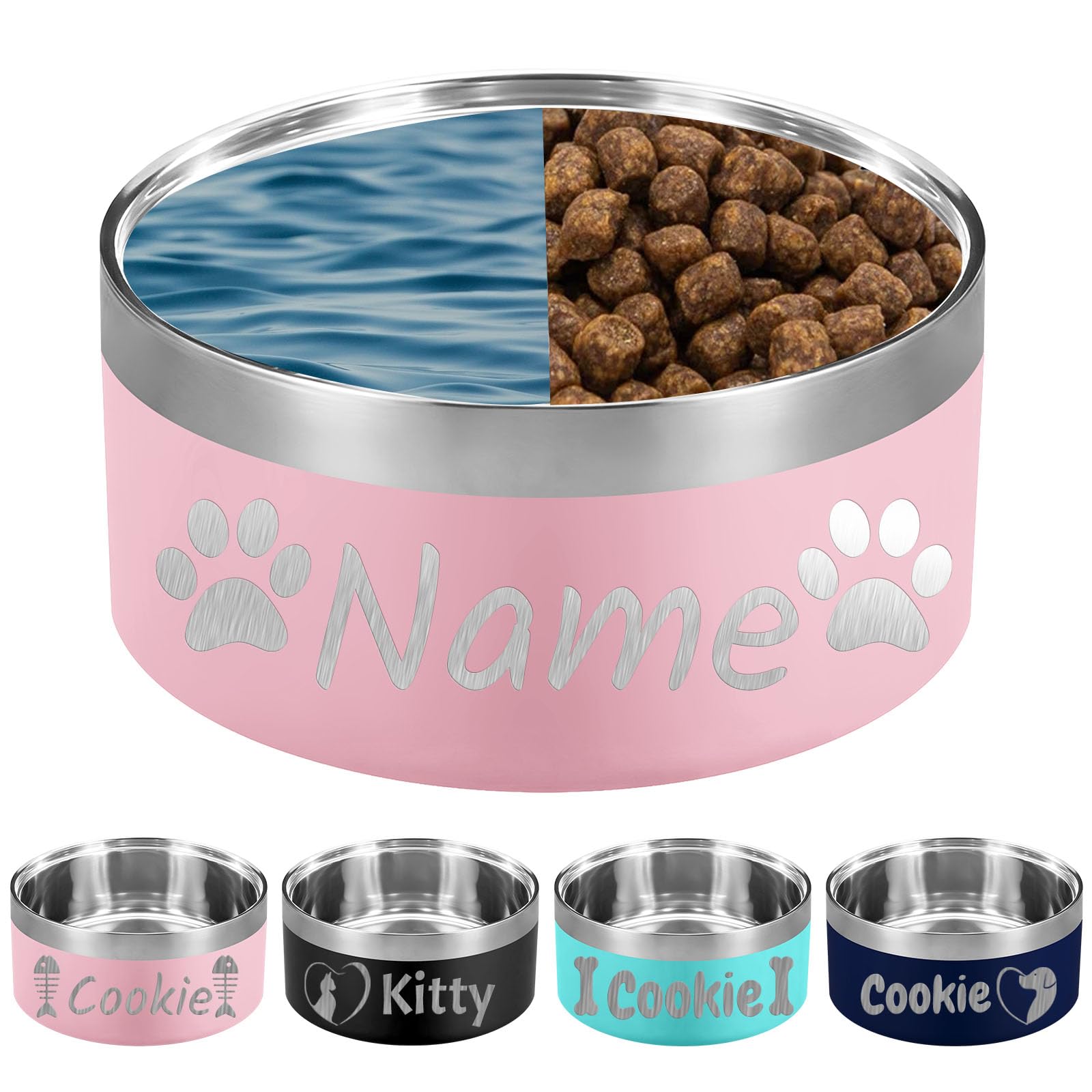 Personalised Dog Bowl Laser Engraved Custom Pet Name 18/32/42/64 oz No Slip Stainless Steel Insulated Bite-resistant Food Water Dishes-Pink