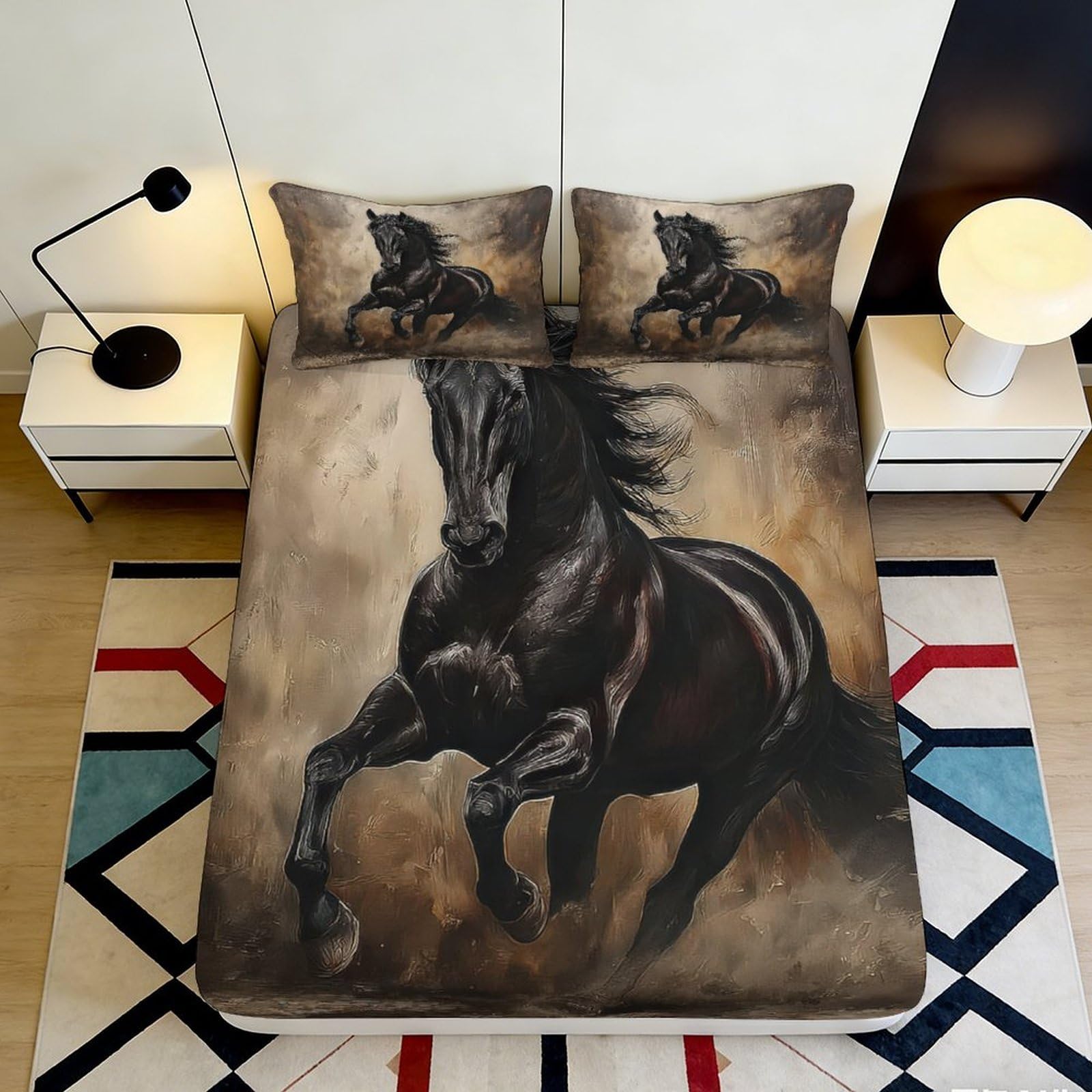 3D Printed Black Horse Fitted Sheet Microfiber Soft Decorative Wild Stallion Mattress Cover for Bedroom Guest Room 90x200x25cm